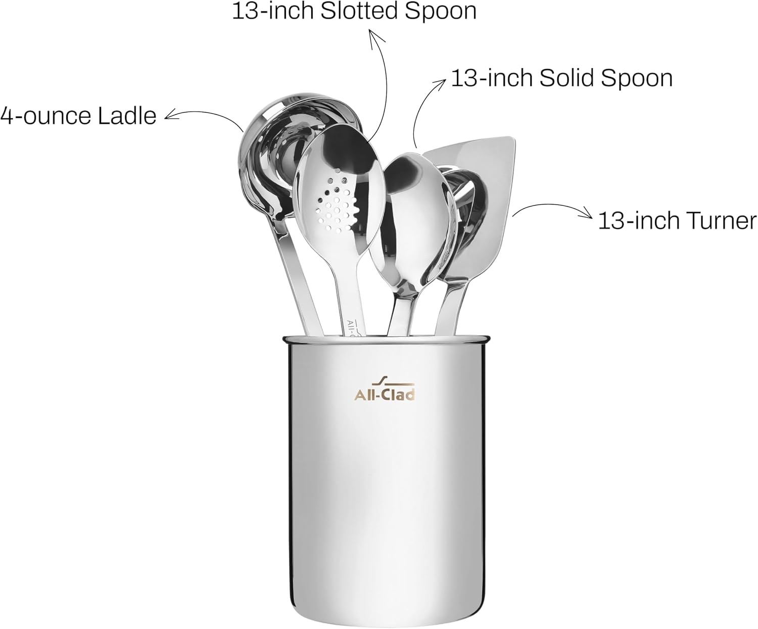 image:imageAllClad 5Piece Stainless Steel Kitchen Utensil Set Includes Ladle Solid Spoon Slotted Spoon Turner amp Storage Caddy HeavyGauge Ergonomic Dishwasher Safe Silver5Piece
