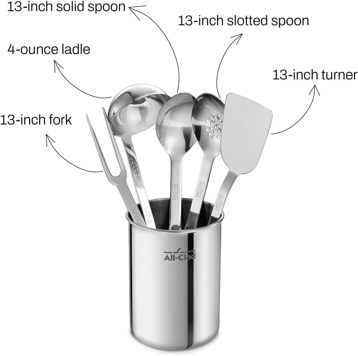 image:imageAllClad 5Piece Stainless Steel Kitchen Utensil Set Includes Ladle Solid Spoon Slotted Spoon Turner amp Storage Caddy HeavyGauge Ergonomic Dishwasher Safe Silver5Piece Pack of 2