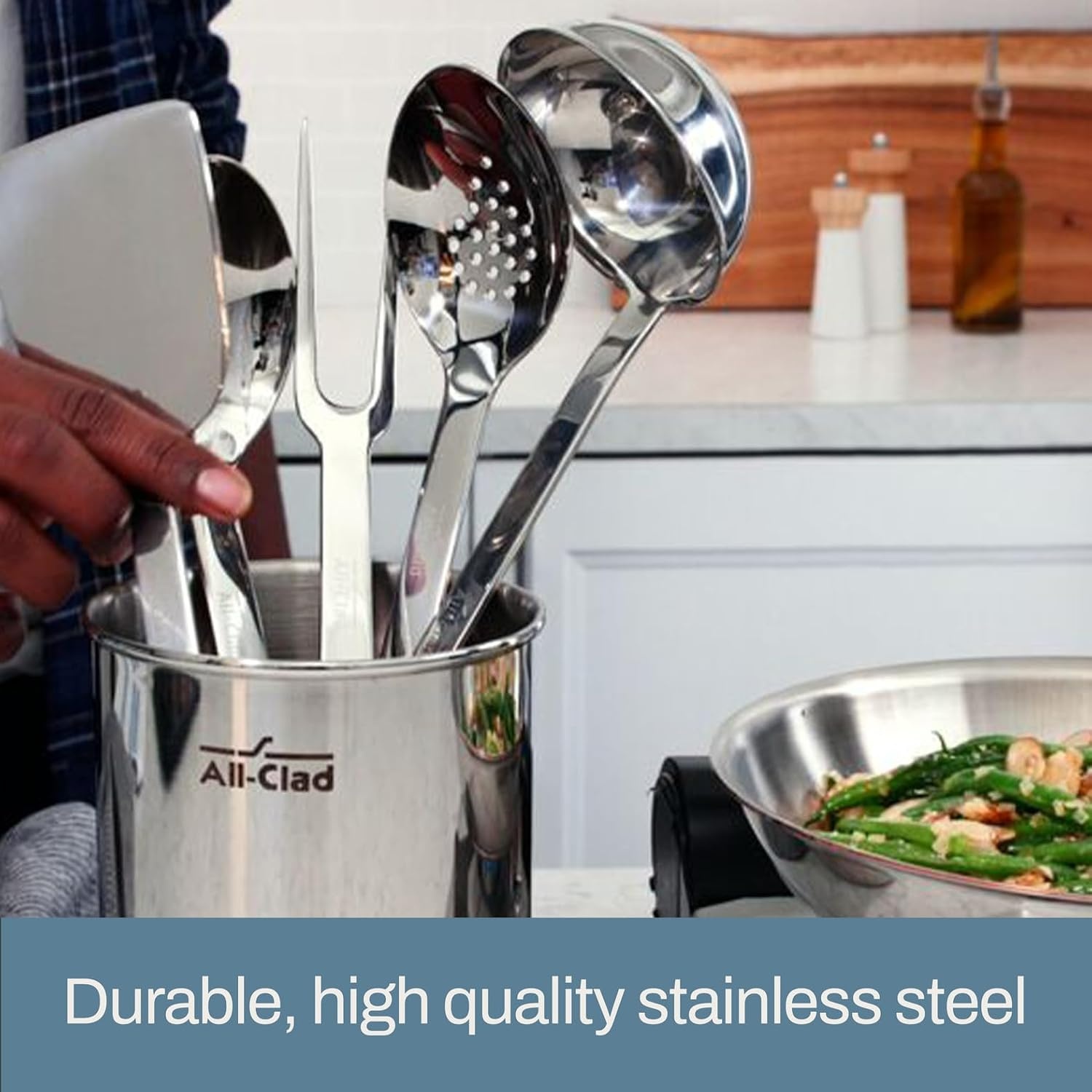 image:imageAllClad 5Piece Stainless Steel Kitchen Utensil Set Includes Ladle Solid Spoon Slotted Spoon Turner amp Storage Caddy HeavyGauge Ergonomic Dishwasher Safe Silver5Piece Pack of 2