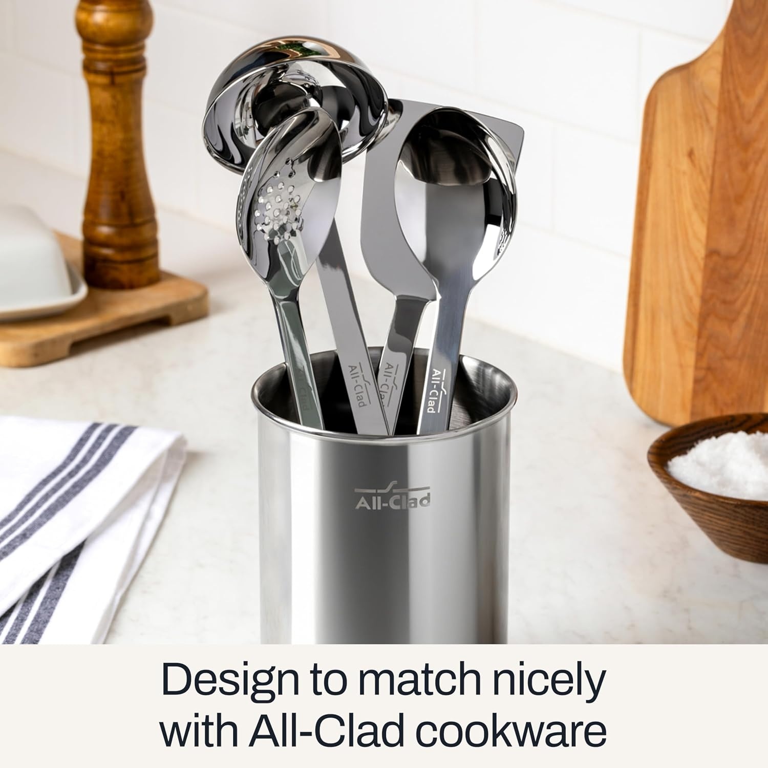image:imageAllClad 5Piece Stainless Steel Kitchen Utensil Set Includes Ladle Solid Spoon Slotted Spoon Turner amp Storage Caddy HeavyGauge Ergonomic Dishwasher Safe Silver5Piece