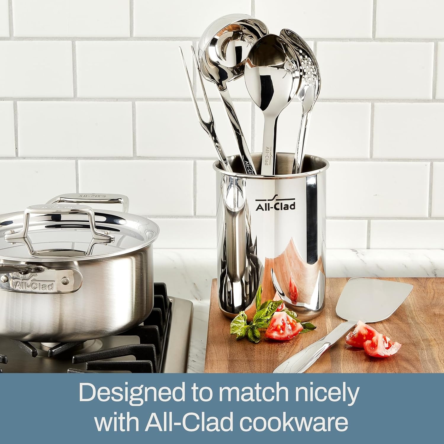 image:imageAllClad 5Piece Stainless Steel Kitchen Utensil Set Includes Ladle Solid Spoon Slotted Spoon Turner amp Storage Caddy HeavyGauge Ergonomic Dishwasher Safe Silver5Piece Pack of 2