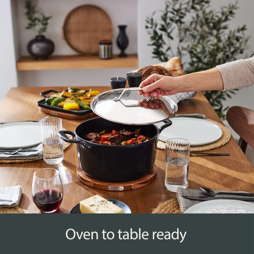 image:imageAllClad Cast Iron Enameled Deep Skillet with Acacia Trivet 10 Inch Induction Oven Broiler Safe 650F Pots and Pans Cookware BlackCast Iron