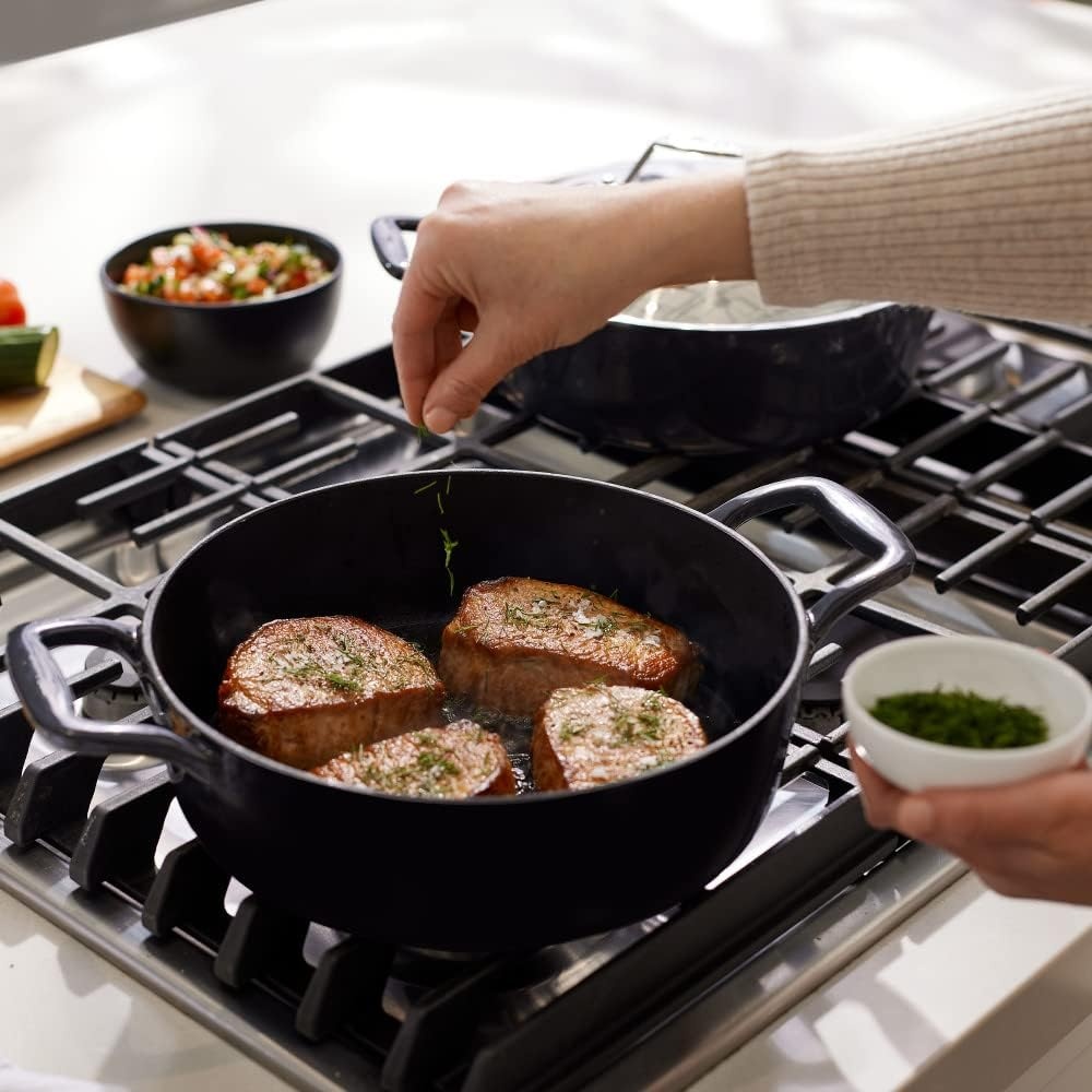 image:imageAllClad Cast Iron Enameled Deep Skillet with Acacia Trivet 10 Inch Induction Oven Broiler Safe 650F Pots and Pans Cookware BlackCast Iron
