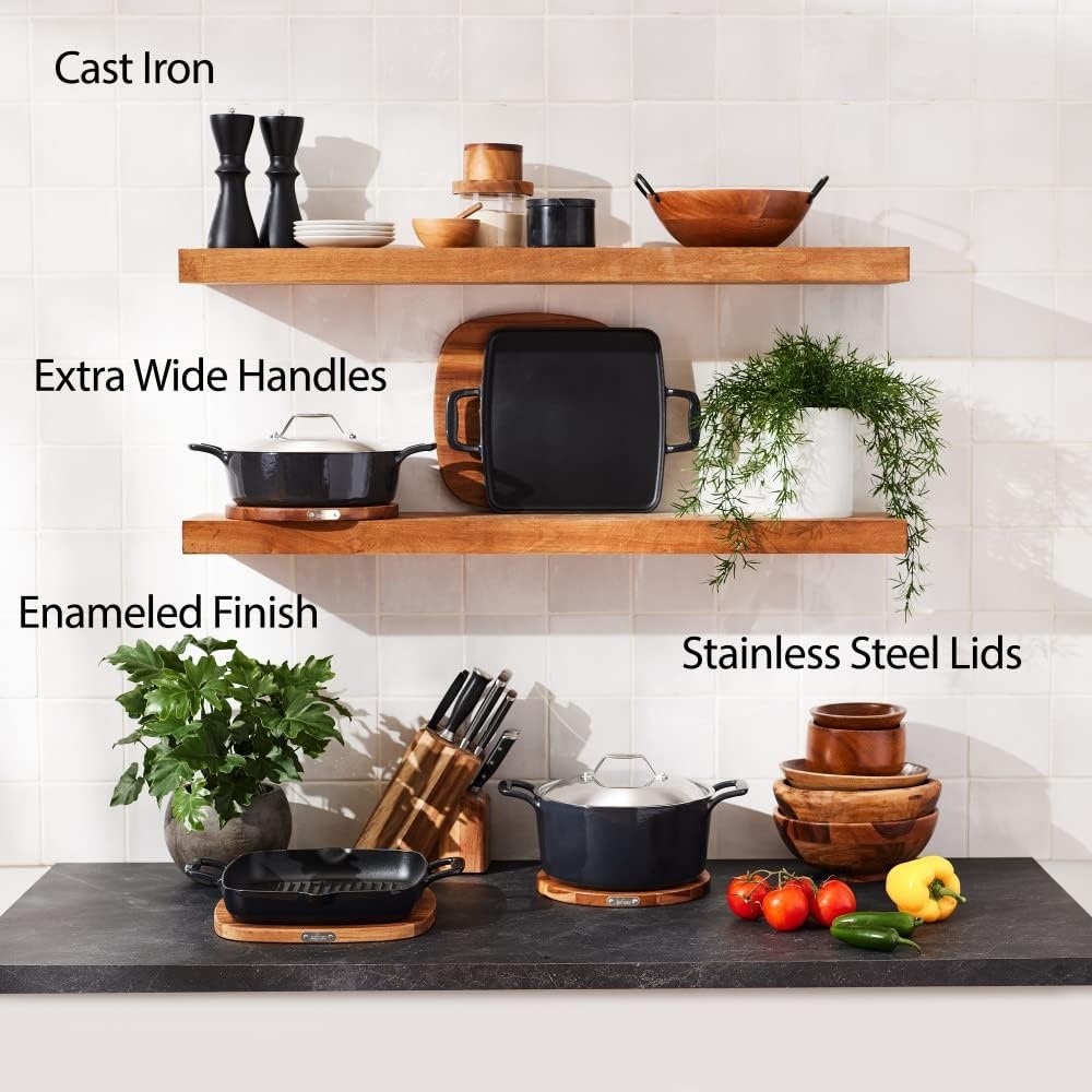 image:imageAllClad Cast Iron Enameled Deep Skillet with Acacia Trivet 10 Inch Induction Oven Broiler Safe 650F Pots and Pans Cookware BlackCast Iron