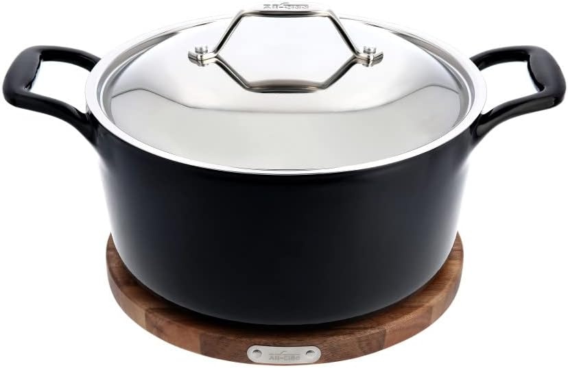 image:imageAllClad Cast Iron Enameled Deep Skillet with Acacia Trivet 10 Inch Induction Oven Broiler Safe 650F Pots and Pans Cookware BlackCast Iron