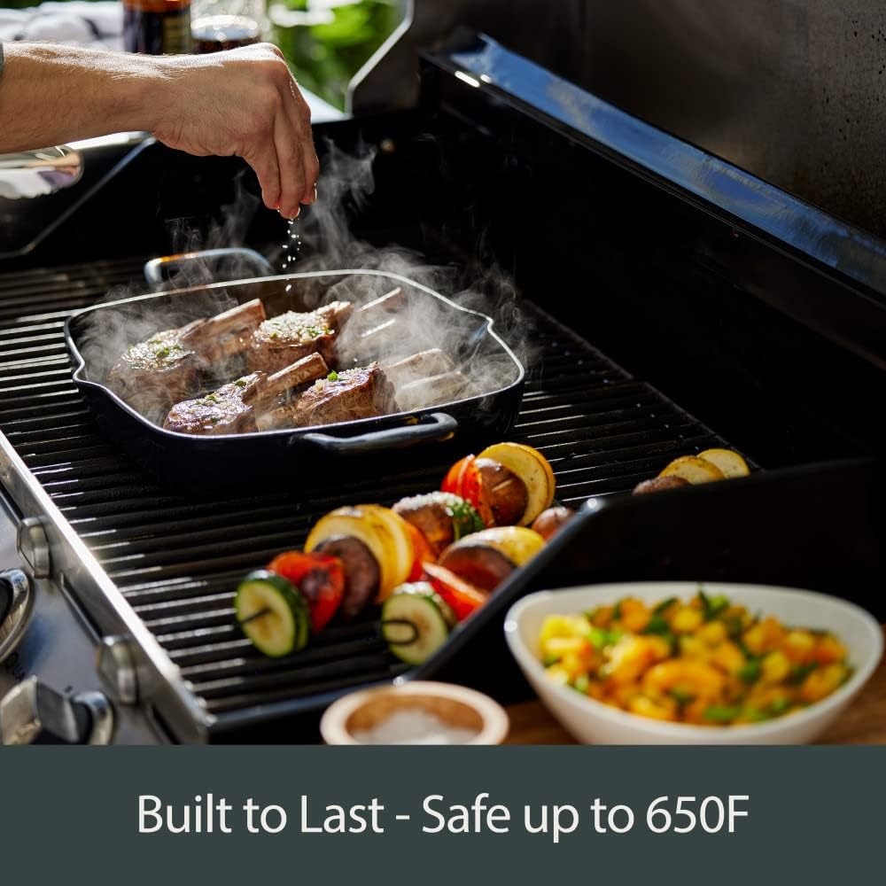image:imageAllClad Cast Iron Enameled Square Grill with Acacia Trivet 11 Inch Induction Oven Broiler Safe 650F Pots and Pans Cookware BlackGriddle Pan