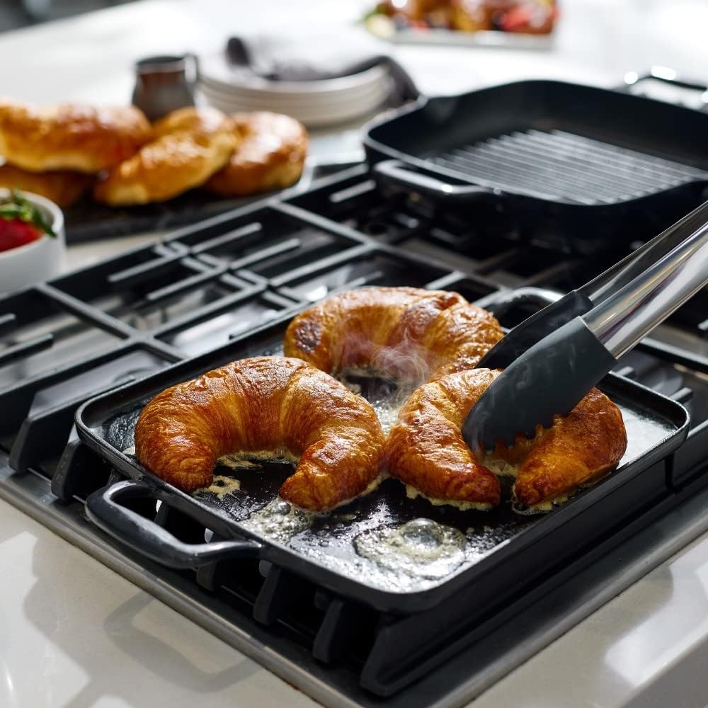 image:imageAllClad Cast Iron Enameled Square Grill with Acacia Trivet 11 Inch Induction Oven Broiler Safe 650F Pots and Pans Cookware BlackGriddle Pan