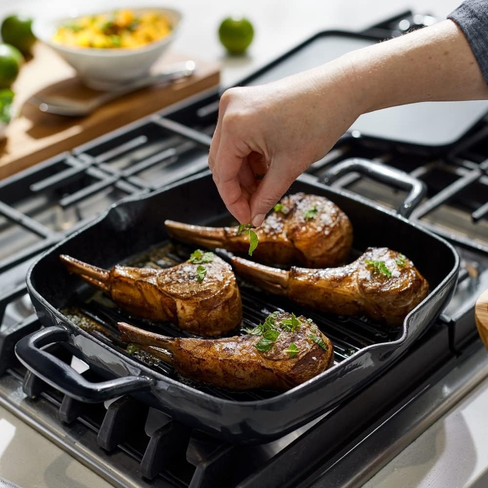 image:imageAllClad Cast Iron Enameled Square Grill with Acacia Trivet 11 Inch Induction Oven Broiler Safe 650F Pots and Pans Cookware BlackGrill Pan