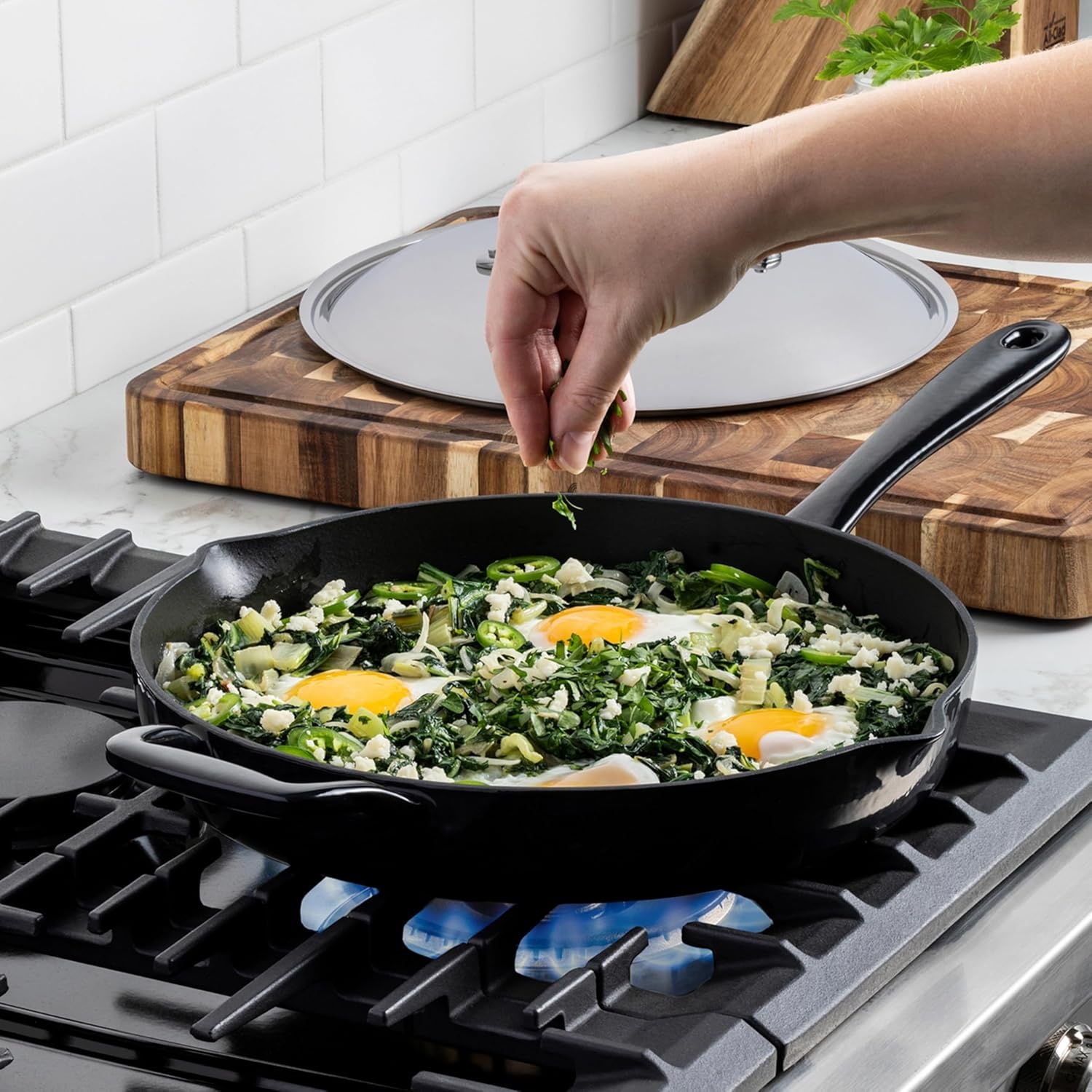 image:imageAllClad Cast Iron Skillet 12 Enameled Cast Iron Pan with Lid Enamel Coating Grill Oven Safe up to 650F amp Compatible with All Stovetops Gas Electric amp Induction EasyClean Frying Pan Black12 Inch