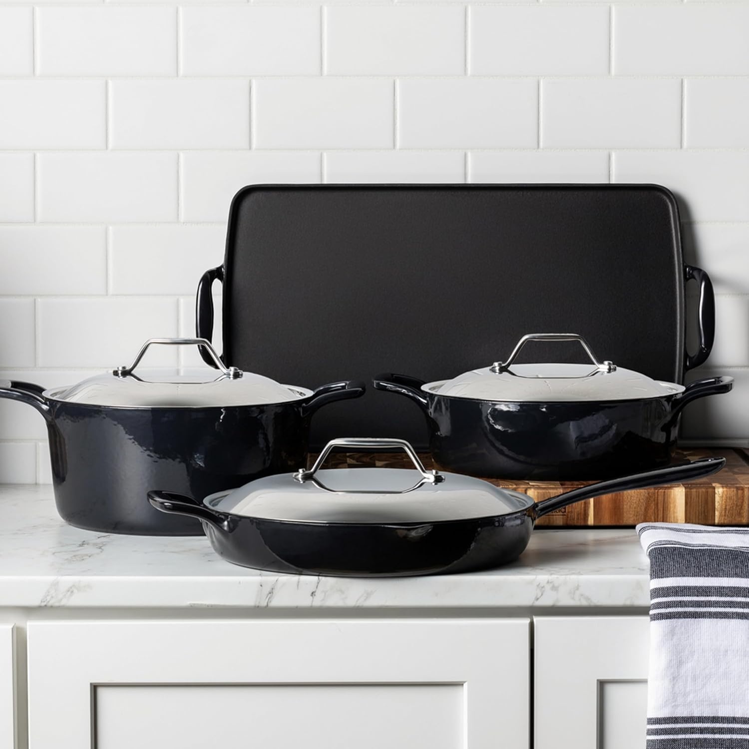 image:imageAllClad Cast Iron Skillet 12 Enameled Cast Iron Pan with Lid Enamel Coating Grill Oven Safe up to 650F amp Compatible with All Stovetops Gas Electric amp Induction EasyClean Frying Pan Black12 Inch