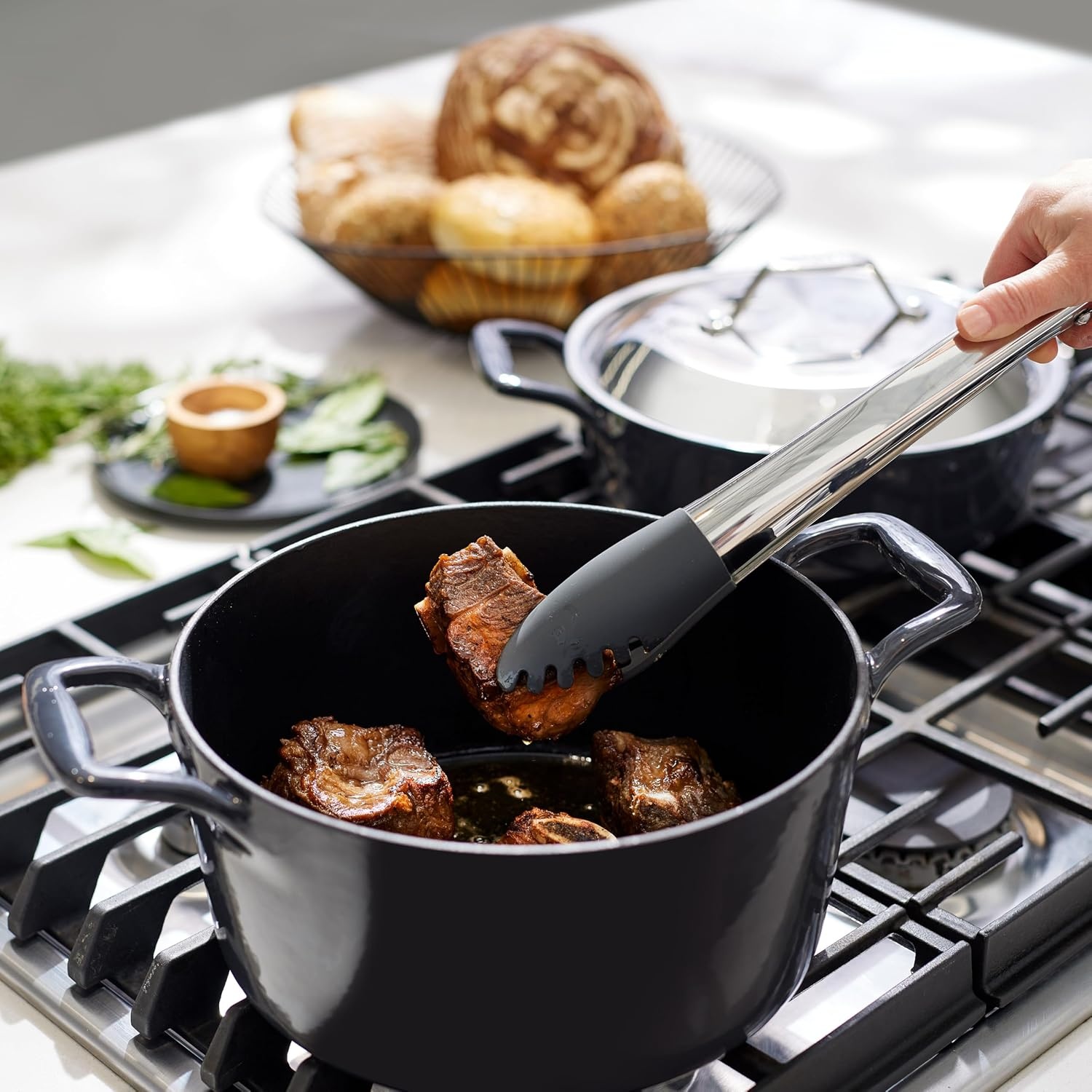 image:imageAllClad Cast Iron Skillet 12 Enameled Cast Iron Pan with Lid Enamel Coating Grill Oven Safe up to 650F amp Compatible with All Stovetops Gas Electric amp Induction EasyClean Frying Pan Black6 Quart