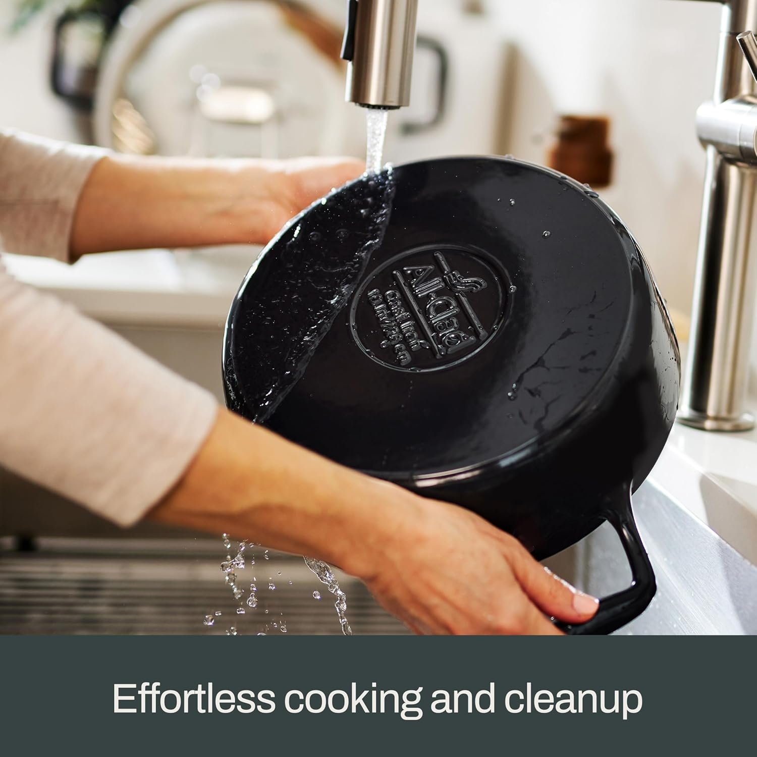 image:imageAllClad Cast Iron Skillet 12 Enameled Cast Iron Pan with Lid Enamel Coating Grill Oven Safe up to 650F amp Compatible with All Stovetops Gas Electric amp Induction EasyClean Frying Pan Black6 Quart