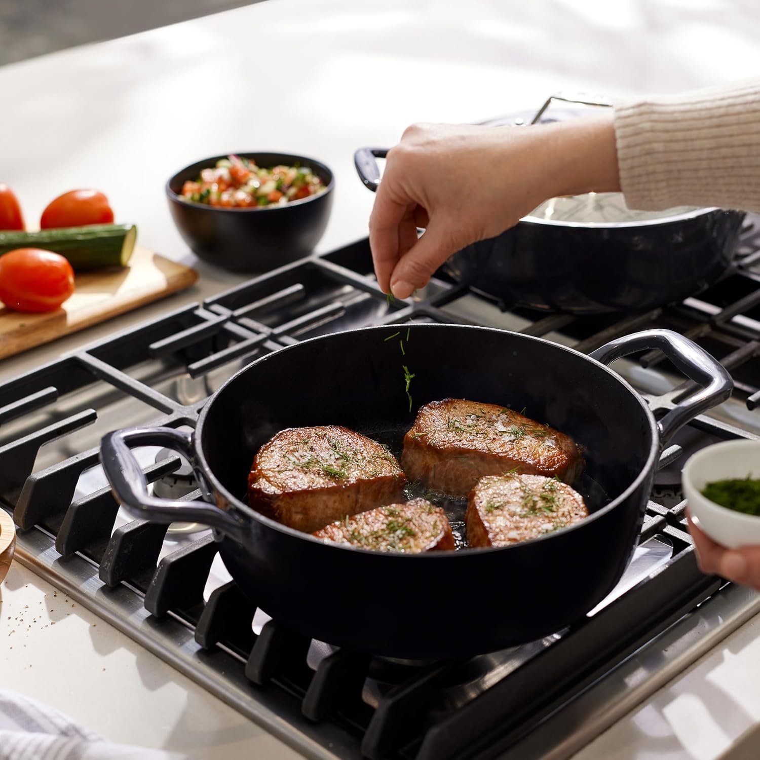 image:imageAllClad Cast Iron Skillet 12 Enameled Cast Iron Pan with Lid Enamel Coating Grill Oven Safe up to 650F amp Compatible with All Stovetops Gas Electric amp Induction EasyClean Frying Pan Black4 Quart