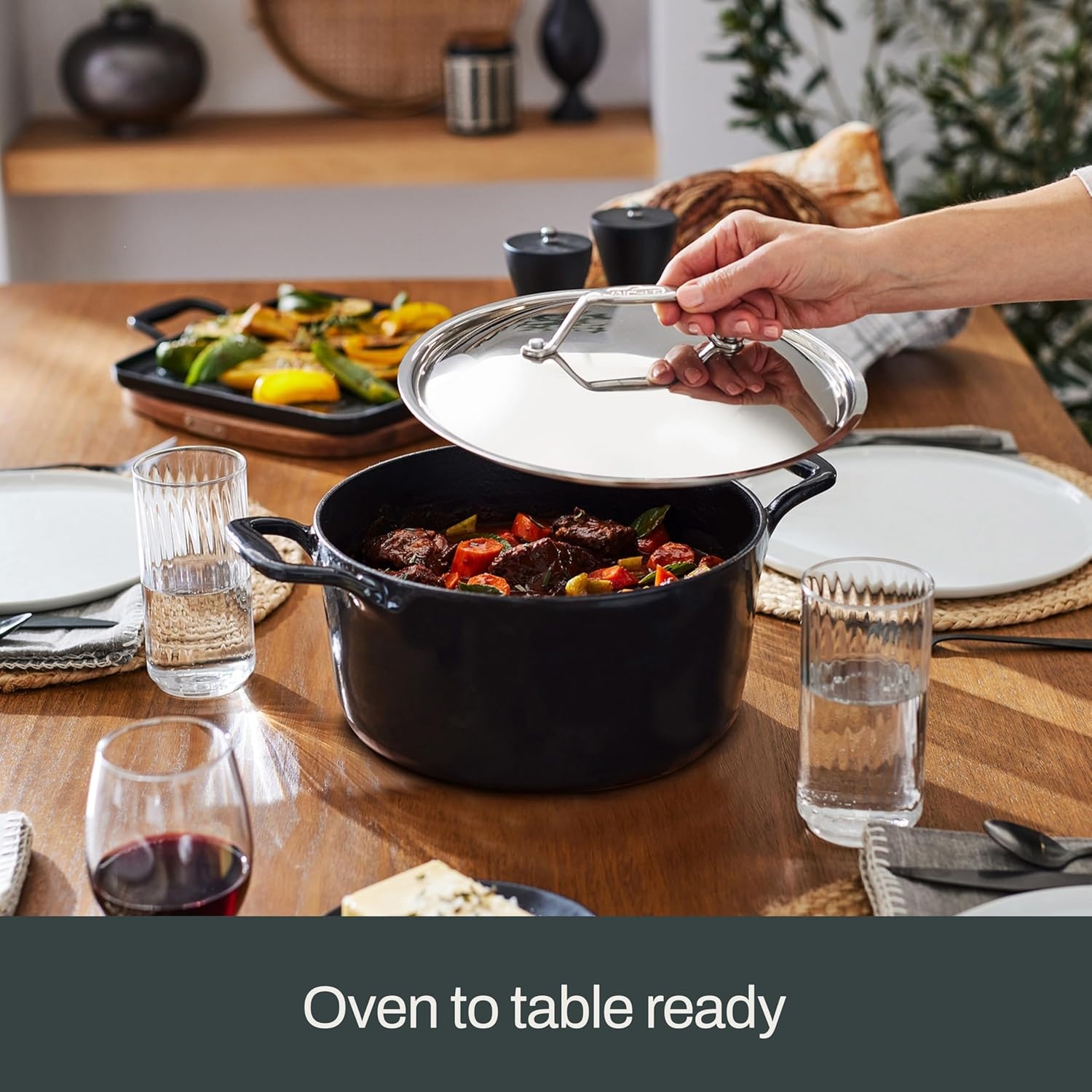 image:imageAllClad Cast Iron Skillet 12 Enameled Cast Iron Pan with Lid Enamel Coating Grill Oven Safe up to 650F amp Compatible with All Stovetops Gas Electric amp Induction EasyClean Frying Pan Black4 Quart
