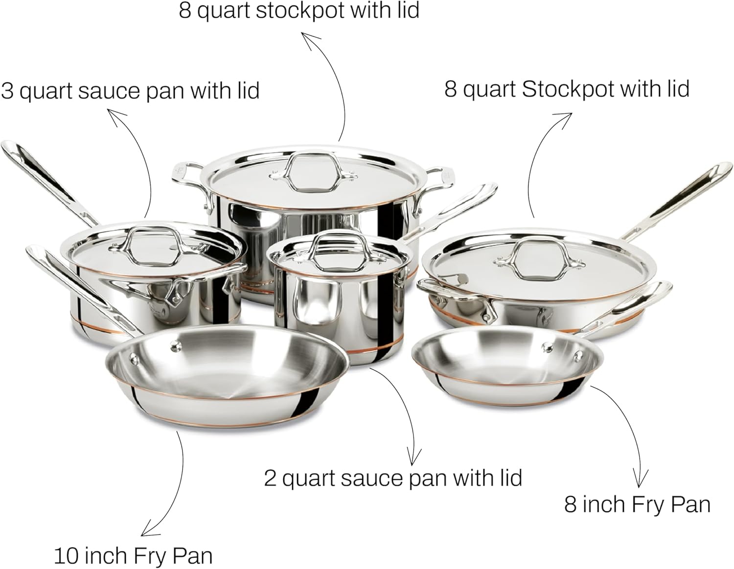 image:imageAllClad Copper Core 5Ply Stainless Steel Cookware Set 7 Piece Induction Oven Broiler Safe 600F Pots and Pans Silver10Piece