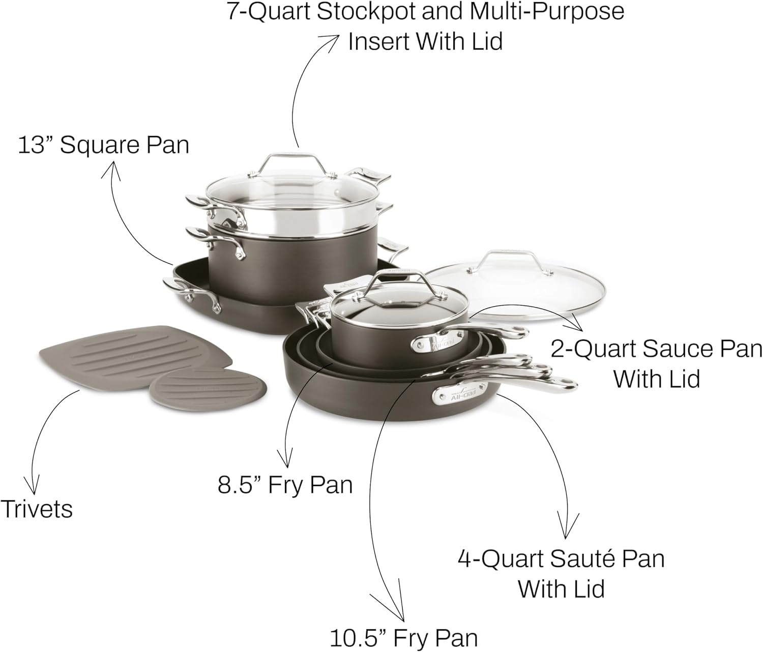 image:imageAllClad D3 3Ply Stainless Steel Cookware Set 7 Piece Induction Oven Broiler Safe 600F Pots and Pans Cookware SilverBlack