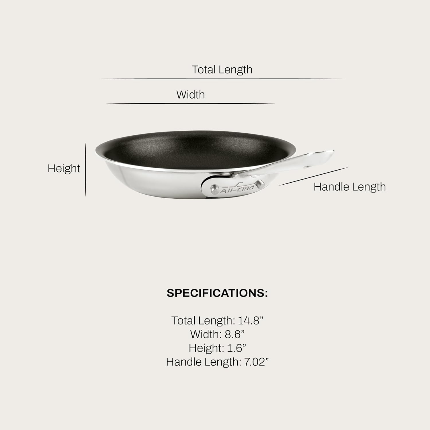 image:imageAllClad D3 8 Inch Stainless Steel Pro Non Stick Frying pan 3Ply Stainless Steel Pan Induction Oven Broiler Safe 500F Skillet Professional Cookware Silver