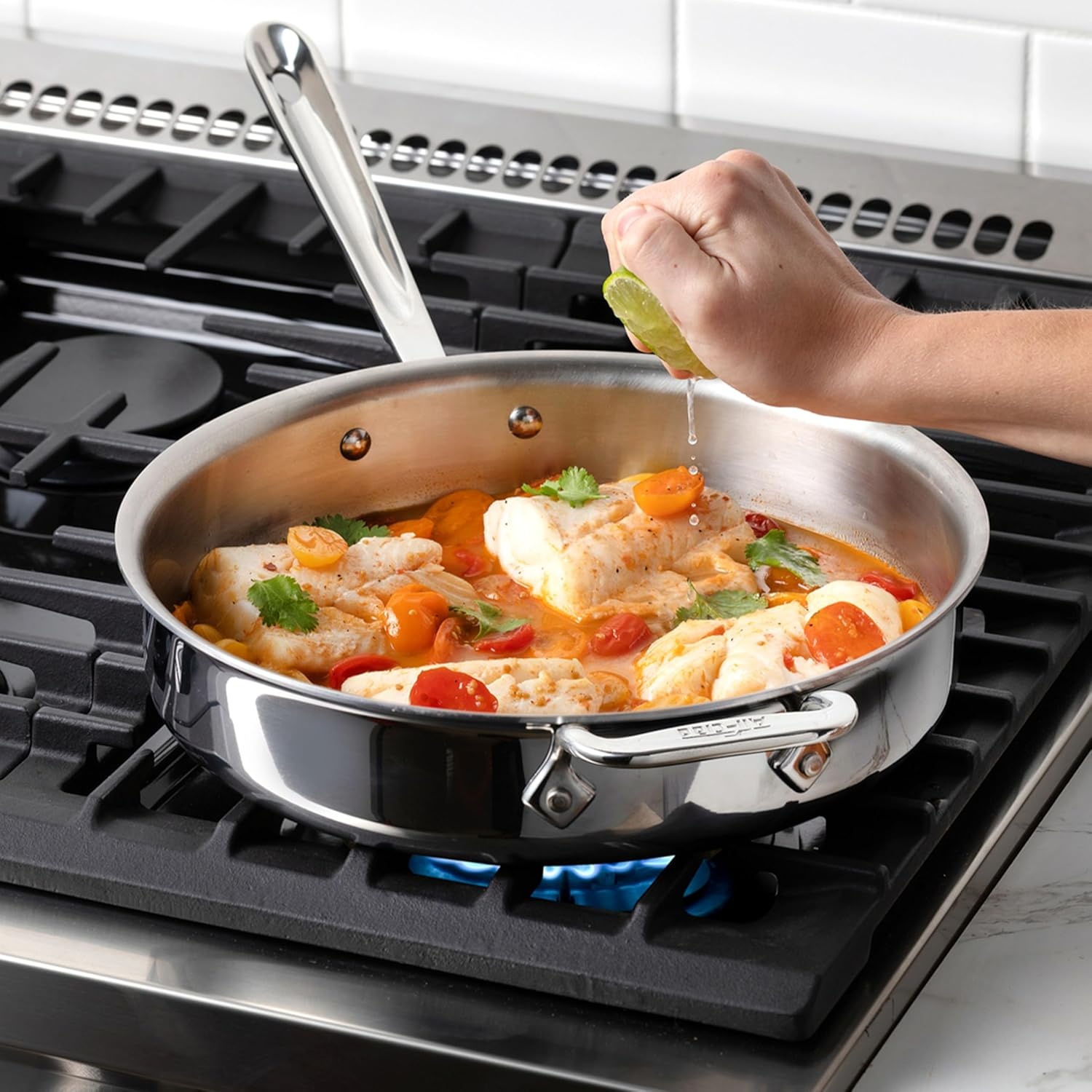 image:imageAllClad D3 Stainless Steel 10 Piece Cookware Set Made in USA Includes Frying Pans Saucepan Soup Pot Sautpan Stockpot Professional Grade Oven Safe amp Induction CompatibleStainless Steel