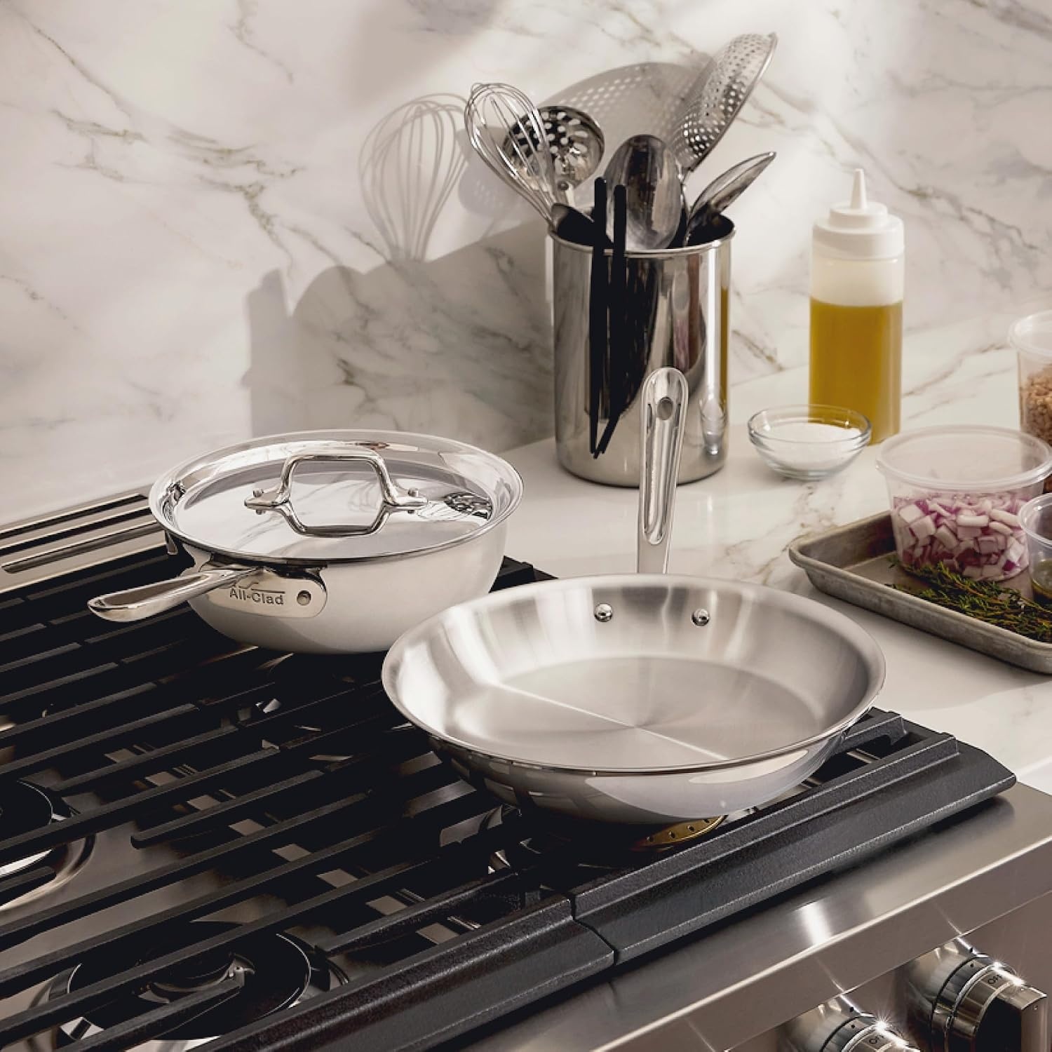 image:imageAllClad D3 Stainless Steel 3 Piece Cookware Set Made in USA Includes 10 Frying Pan and 2Qt Saucier Pan With Lid Professional Grade Oven Safe amp Induction Compatible2QT Saucier 10 Fry Pan