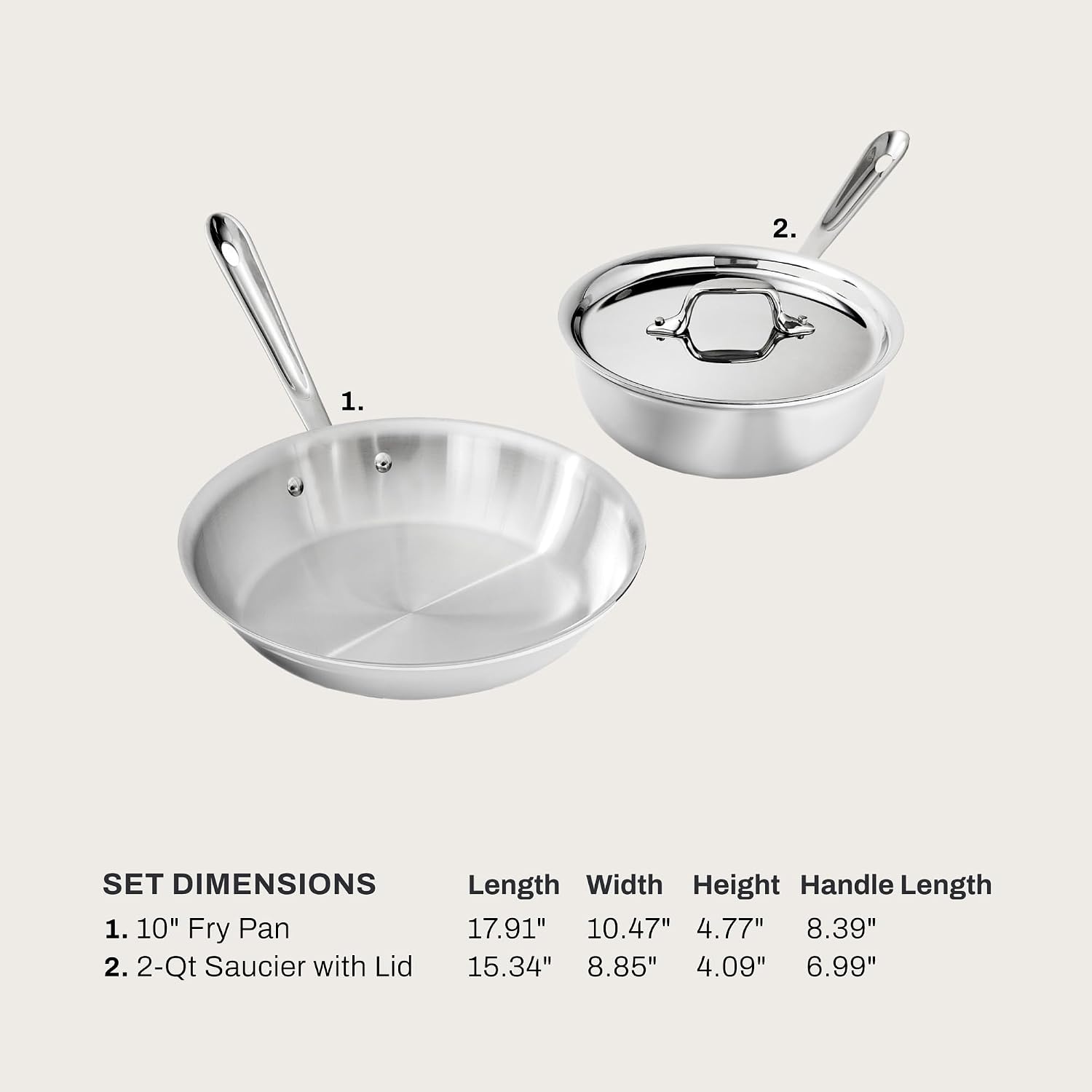 image:imageAllClad D3 Stainless Steel 3 Piece Cookware Set Made in USA Includes 10 Frying Pan and 2Qt Saucier Pan With Lid Professional Grade Oven Safe amp Induction Compatible2QT Saucier 10 Fry Pan