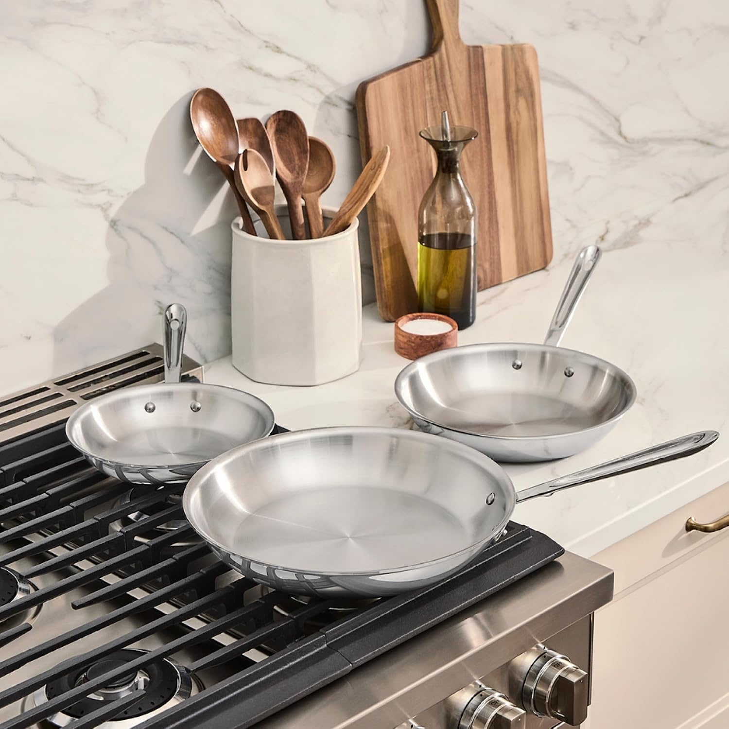 image:imageAllClad D3 Stainless Steel 3 Piece Frypan Set Made in USA Includes 8 10 and 12 Frying Pans Professional Grade Oven Safe amp Induction Compatible
