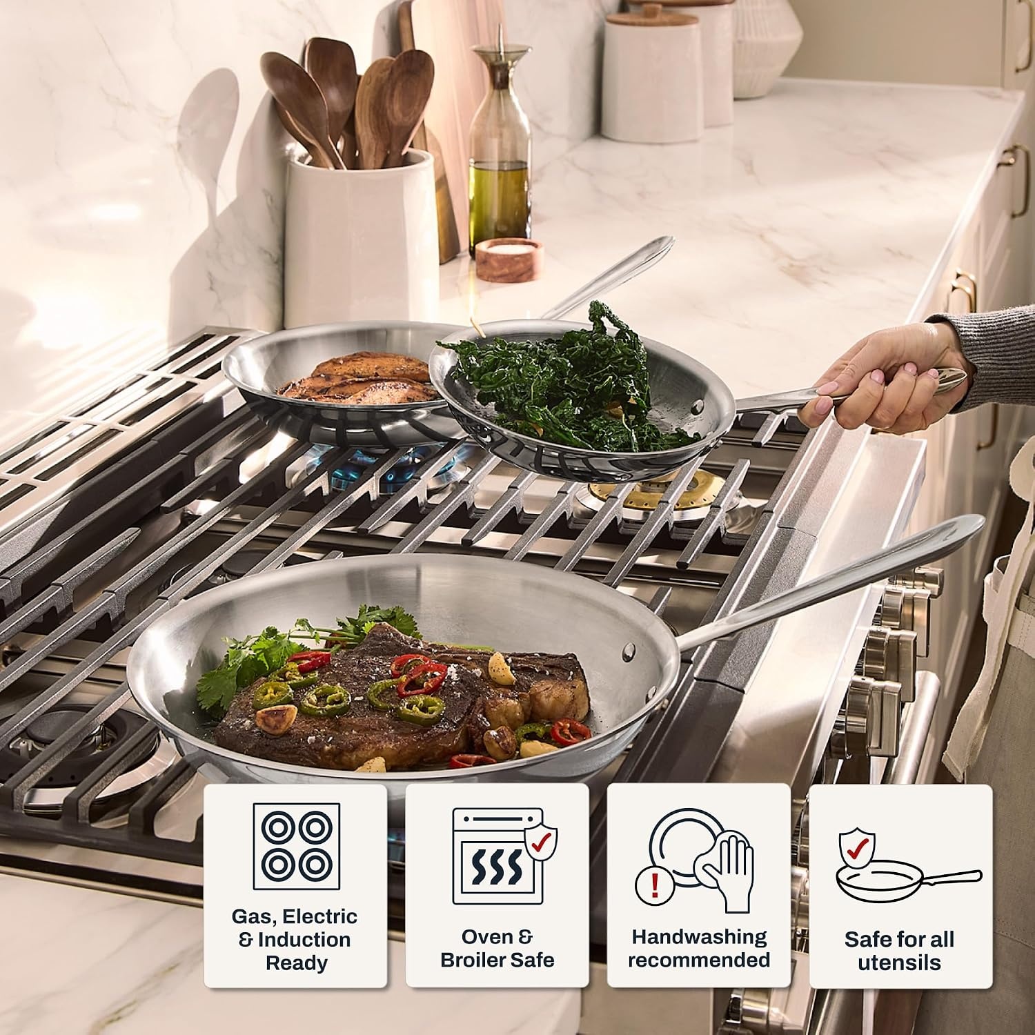 image:imageAllClad D3 Stainless Steel 3 Piece Frypan Set Made in USA Includes 8 10 and 12 Frying Pans Professional Grade Oven Safe amp Induction Compatible
