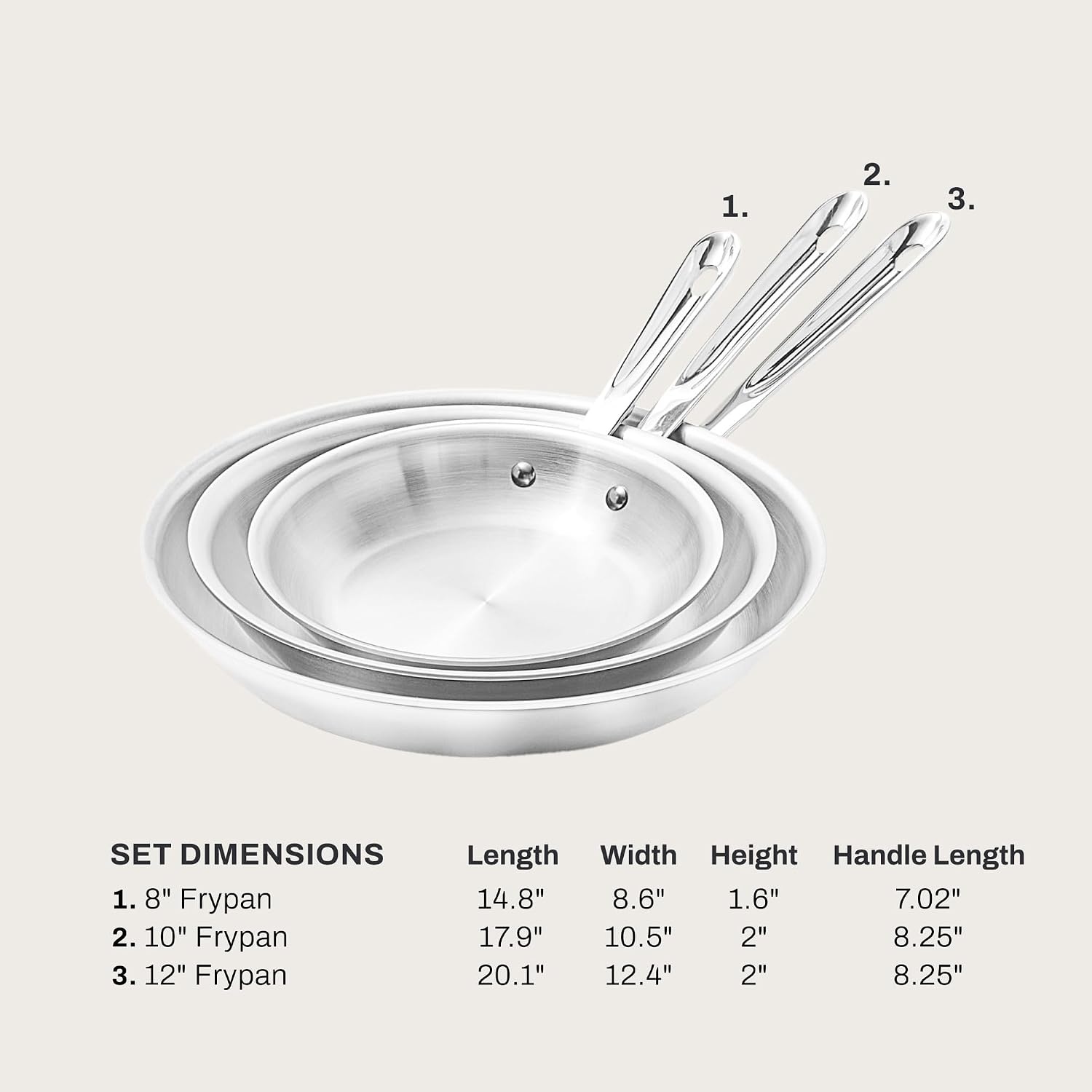 image:imageAllClad D3 Stainless Steel 3 Piece Frypan Set Made in USA Includes 8 10 and 12 Frying Pans Professional Grade Oven Safe amp Induction Compatible