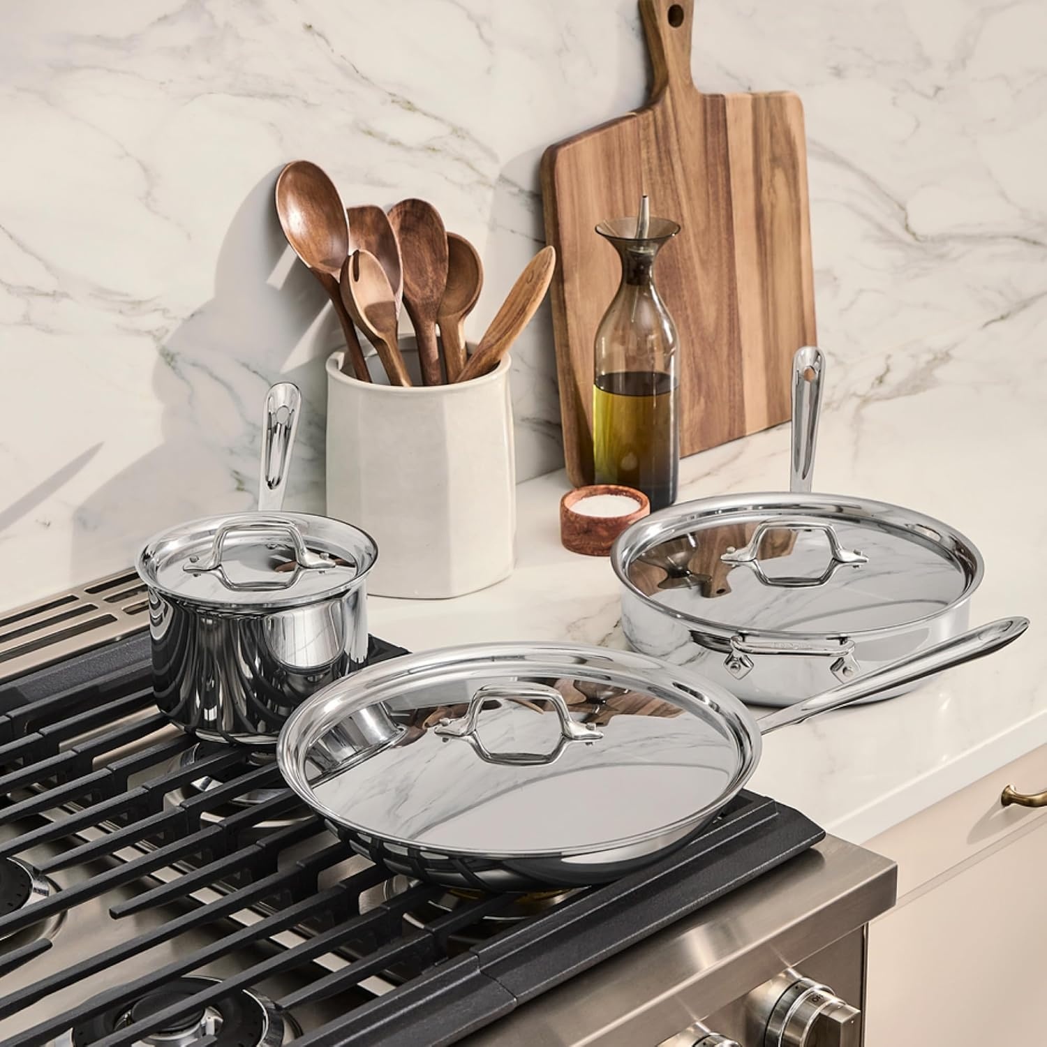 image:imageAllClad D3 Stainless Steel 7 Piece Cookware Set Made in USA Includes Frying Pans Saucepan Sautpan Stockpot Professional Grade Oven Safe amp Induction CompatibleSilver