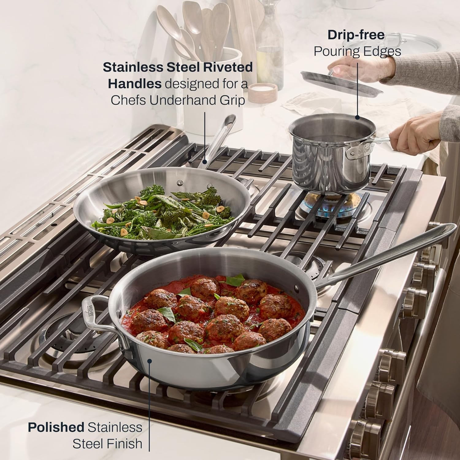 image:imageAllClad D3 Stainless Steel 7 Piece Cookware Set Made in USA Includes Frying Pans Saucepan Sautpan Stockpot Professional Grade Oven Safe amp Induction CompatibleSilver