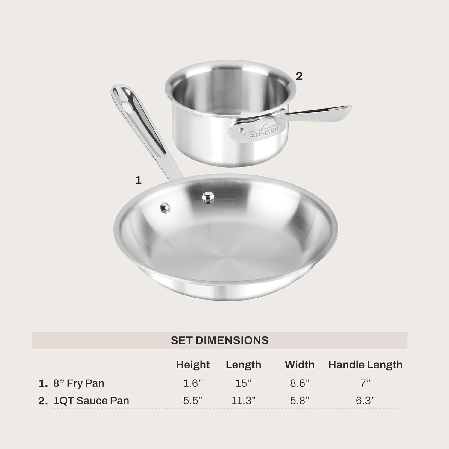 image:imageAllClad D3 Stainless Steel 8 inch Frying Pan Made in the USA The Original Bonded Professional Cookware Oven Safe amp Induction Compatible8 Stainless Steel Fry Pan 1Qt Sauce Pan Set