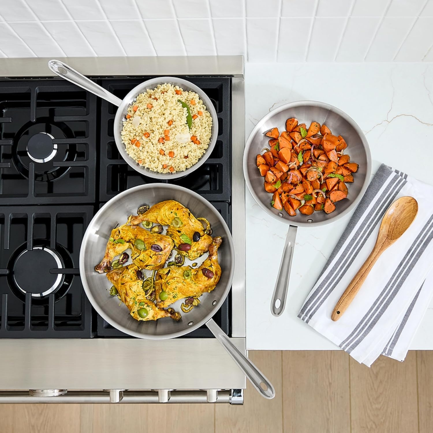 image:imageAllClad D5 Stainless Steel Core 10 Piece Cookware Set Made in USA The Upgrade for Supremely Even Heat Includes Frying Pans Saucepan Sautpan Stockpot Oven Safe amp Induction CompatibleD5 Stainless Steel Set