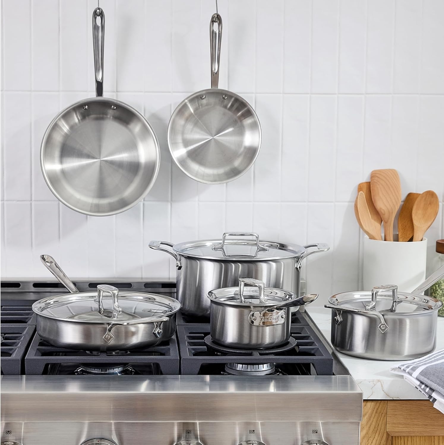 image:imageAllClad D5 Stainless Steel Core 10 Piece Cookware Set Made in USA The Upgrade for Supremely Even Heat Includes Frying Pans Saucepan Sautpan Stockpot Oven Safe amp Induction CompatibleD5 Stainless Steel Set