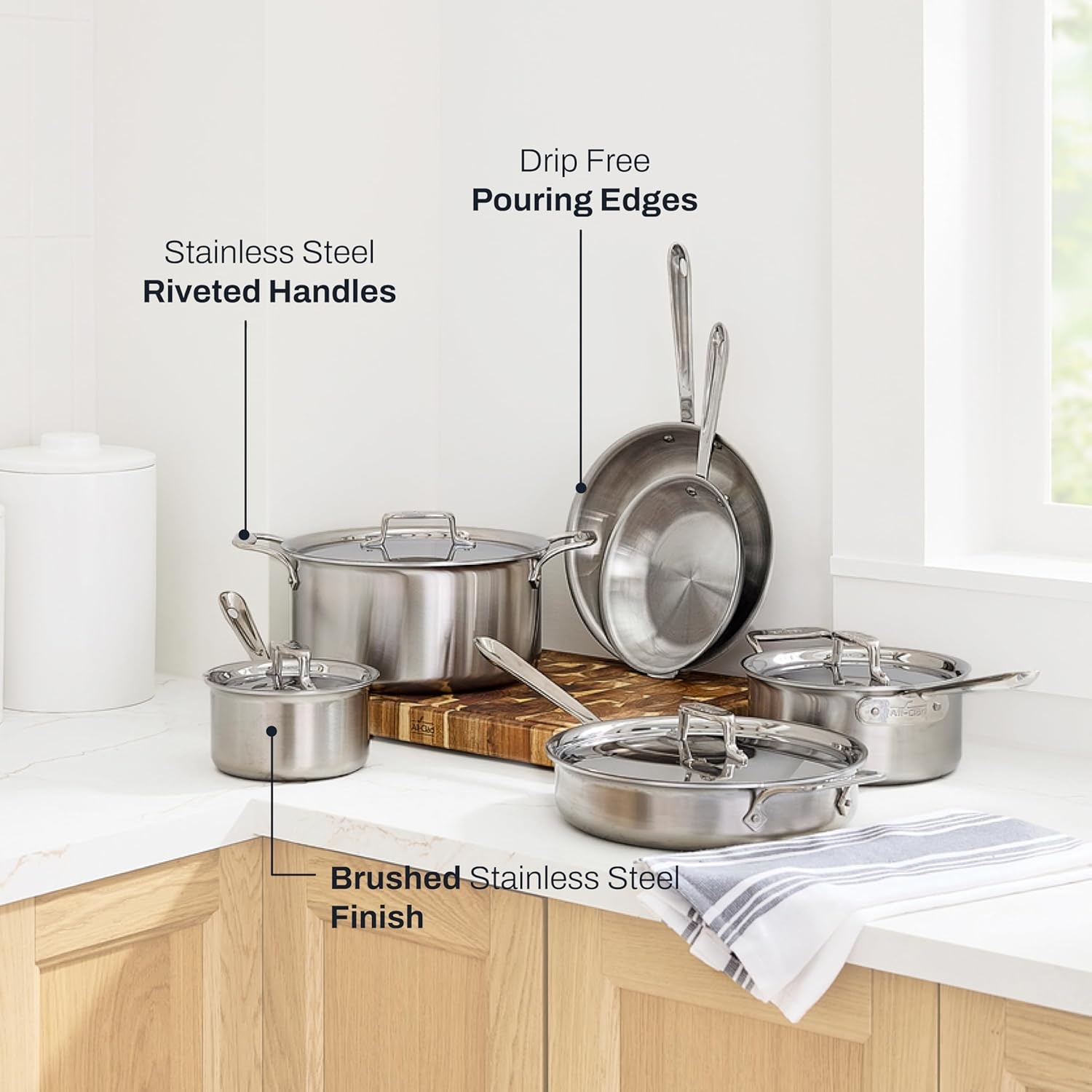 image:imageAllClad D5 Stainless Steel Core 10 Piece Cookware Set Made in USA The Upgrade for Supremely Even Heat Includes Frying Pans Saucepan Sautpan Stockpot Oven Safe amp Induction CompatibleD5 Stainless Steel Set