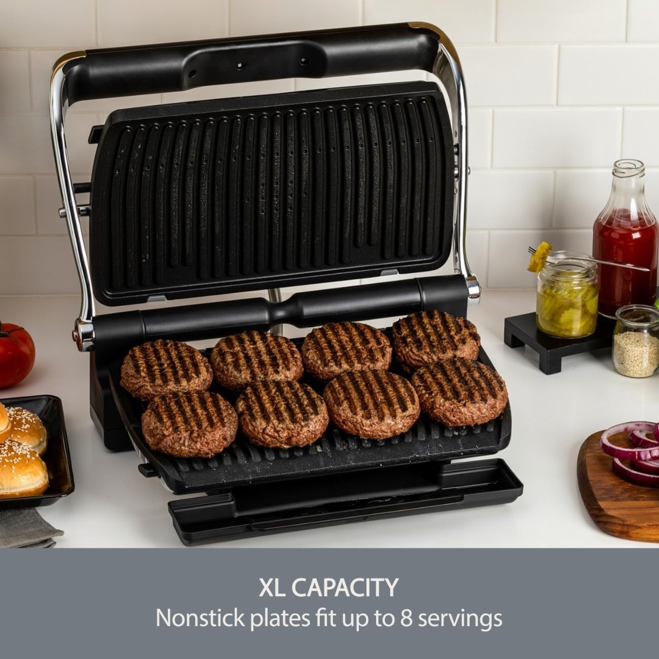image:imageAllClad Electric Indoor Grill AutoSense Stainless Steel Panini Grill Press Sandwich Maker Automatic 1800W Smokeless Removable Plates Dishwasher SafeSilver