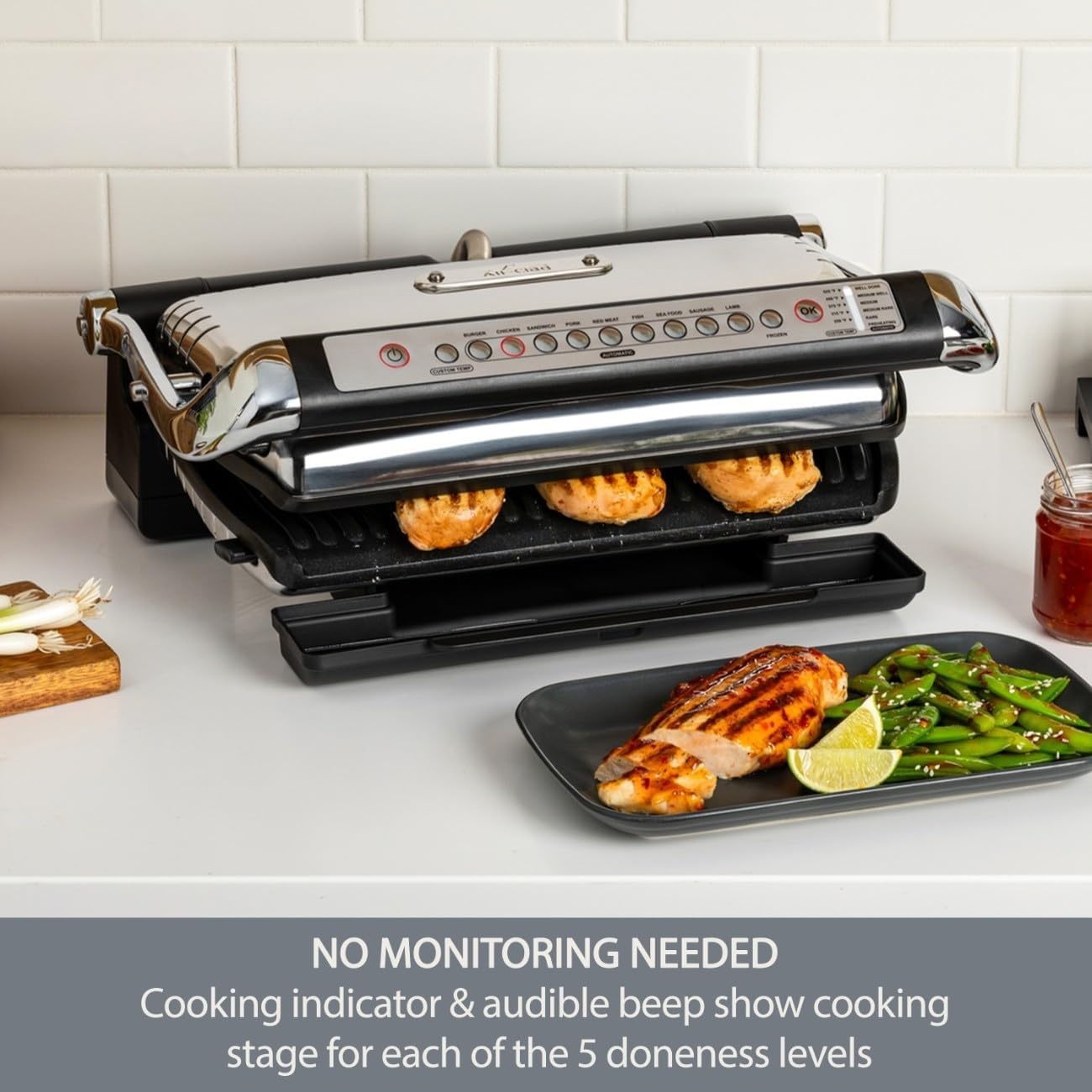 image:imageAllClad Electric Indoor Grill AutoSense Stainless Steel Panini Grill Press Sandwich Maker Automatic 1800W Smokeless Removable Plates Dishwasher SafeSilver