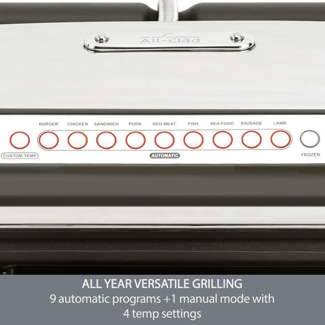 image:imageAllClad Electric Indoor Grill AutoSense Stainless Steel Panini Grill Press Sandwich Maker Automatic 1800W Smokeless Removable Plates Dishwasher SafeSilver