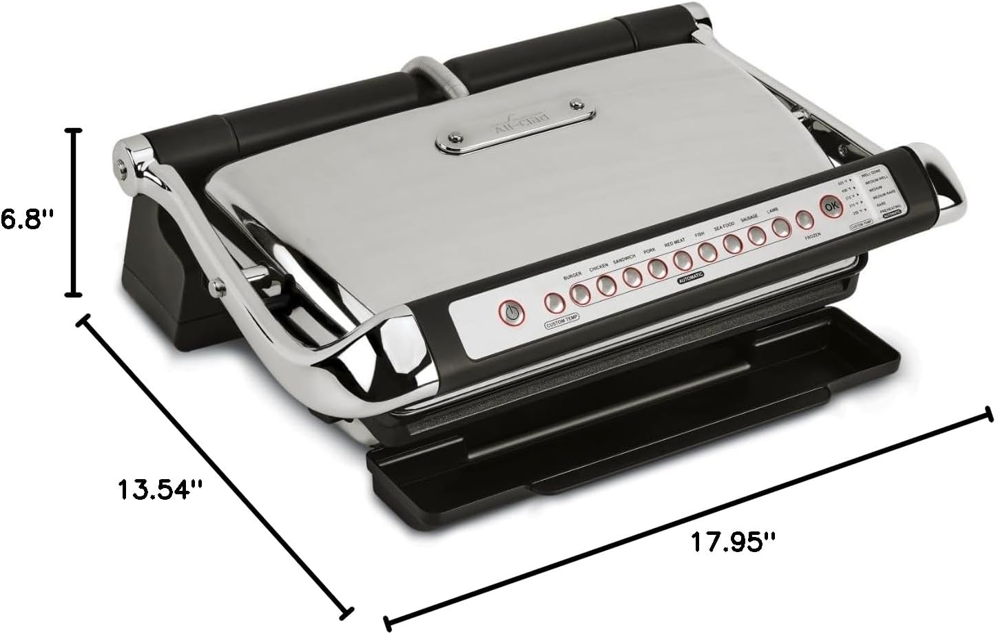 image:imageAllClad Electric Indoor Grill AutoSense Stainless Steel Panini Grill Press Sandwich Maker Automatic 1800W Smokeless Removable Plates Dishwasher SafeSilver