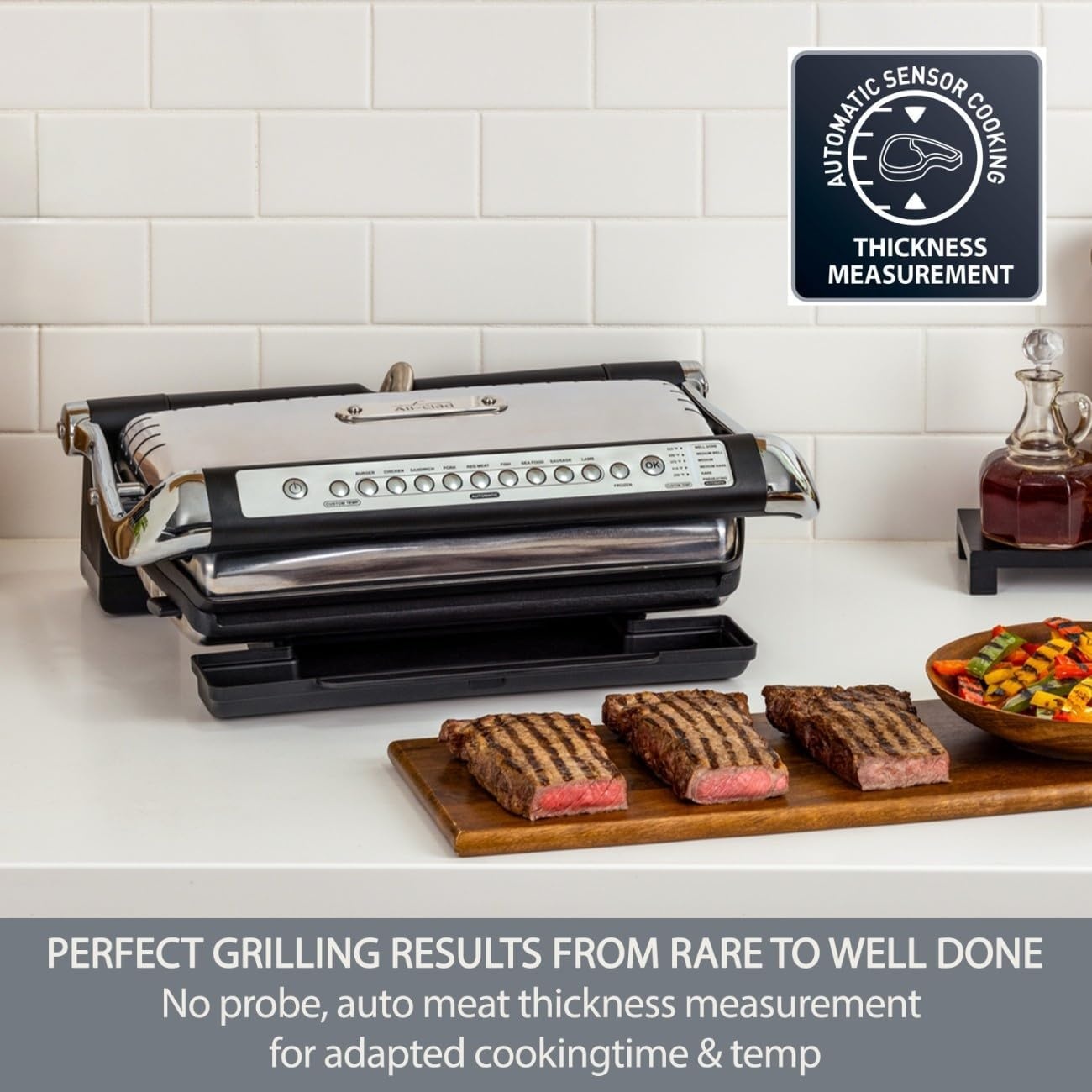 image:imageAllClad Electric Indoor Grill AutoSense Stainless Steel Panini Grill Press Sandwich Maker Automatic 1800W Smokeless Removable Plates Dishwasher SafeSilver
