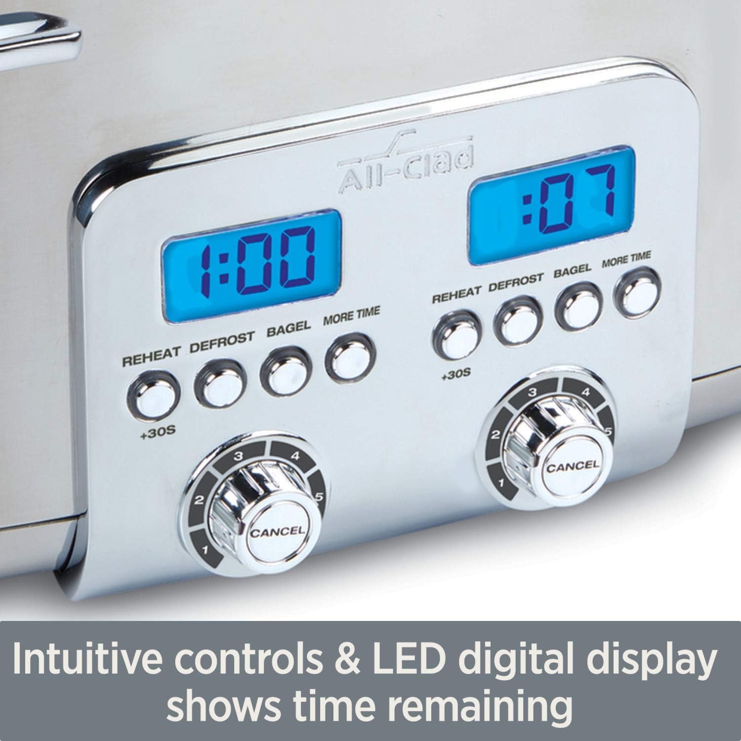 image:imageAllClad Electrics Stainless Steel Toaster 2 lice LED display Removable crumb try 6Browing levels Wide and selfcentering slots Waffles Bagels Bread 1291D x 529W x 898H Silver4 Slice LED