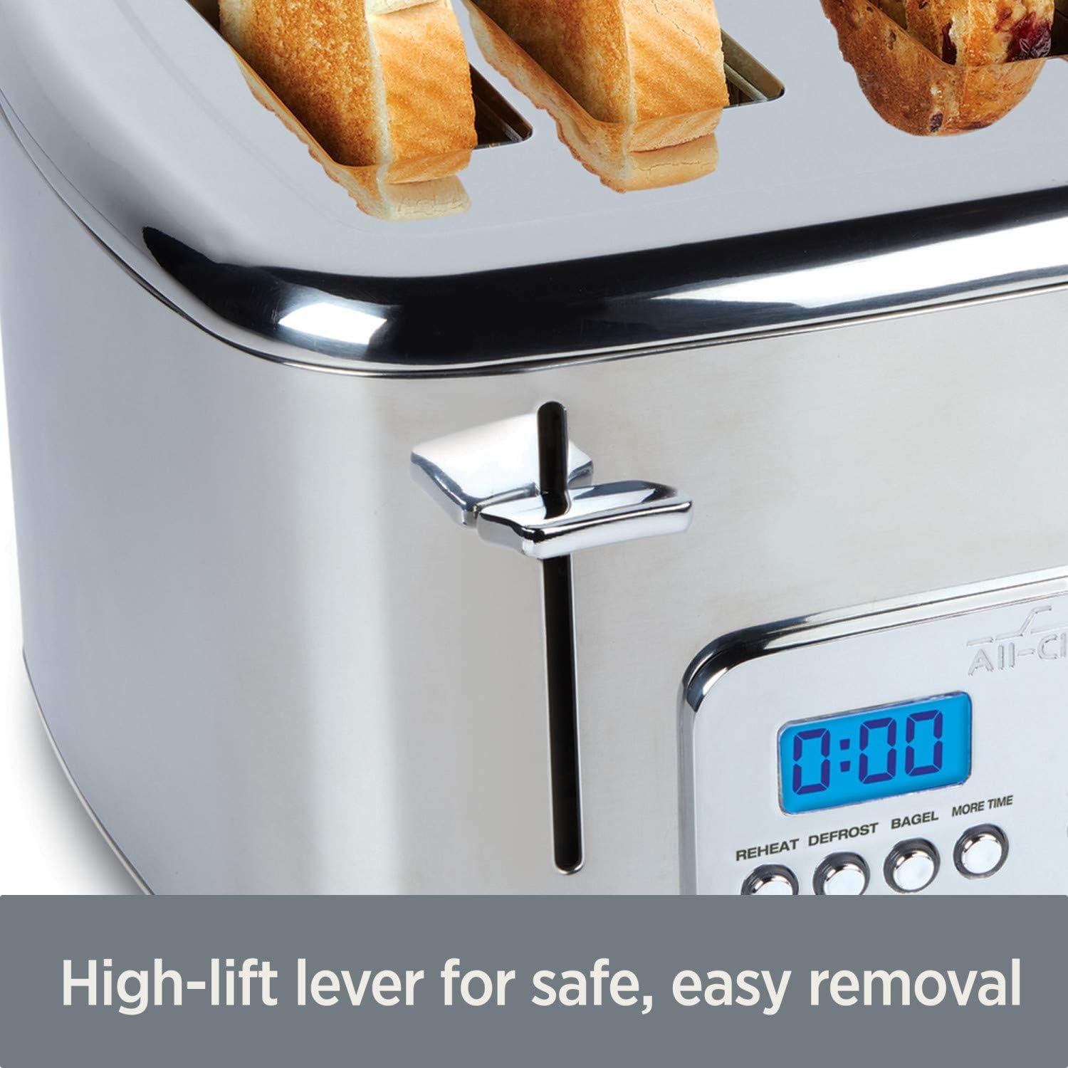 image:imageAllClad Electrics Stainless Steel Toaster 2 lice LED display Removable crumb try 6Browing levels Wide and selfcentering slots Waffles Bagels Bread 1291D x 529W x 898H Silver4 Slice LED