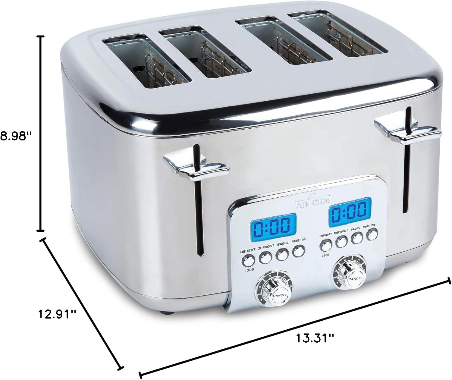 image:imageAllClad Electrics Stainless Steel Toaster 2 lice LED display Removable crumb try 6Browing levels Wide and selfcentering slots Waffles Bagels Bread 1291D x 529W x 898H Silver4 Slice LED
