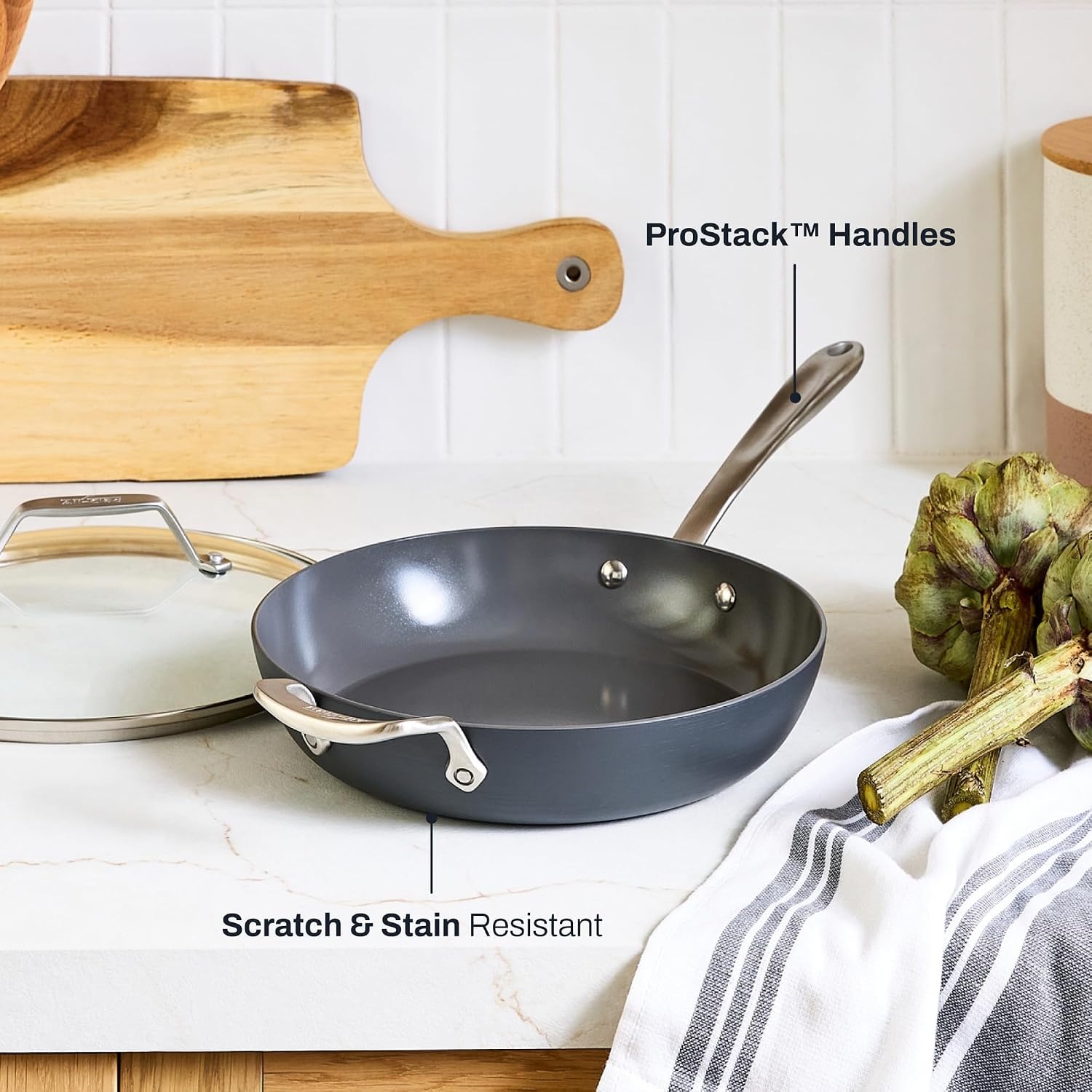 image:imageAllClad HA1 Ceramic Nonstick Frying Pan Set with Lid 12 inch Oven Safe up to 450 amp Compatible with All Stovetops Gas Electric amp Induction Light Grey105 Fry Pan with Lid