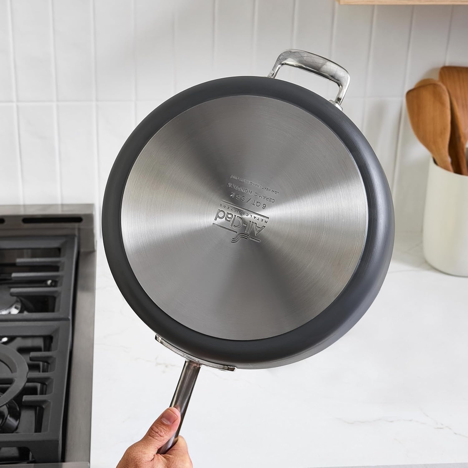 image:imageAllClad HA1 Ceramic Nonstick Frying Pan Set with Lid 12 inch Oven Safe up to 450 amp Compatible with All Stovetops Gas Electric amp Induction Light Grey6 qt Saute Pan with Lid