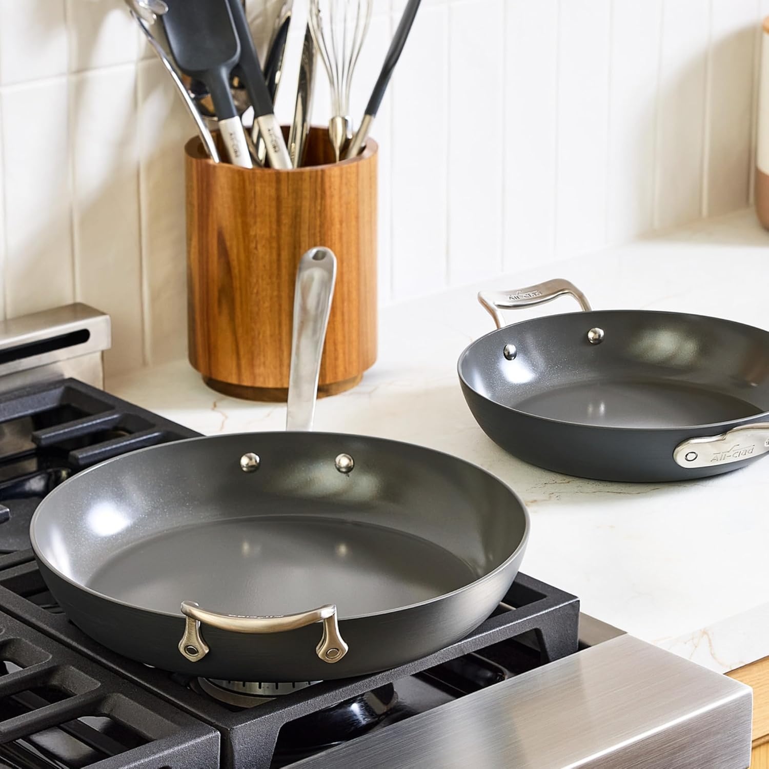 image:imageAllClad HA1 Ceramic Nonstick Frying Pan Set with Lid 12 inch Oven Safe up to 450 amp Compatible with All Stovetops Gas Electric amp Induction Light Grey2 pc set 105 12 Fry Pans