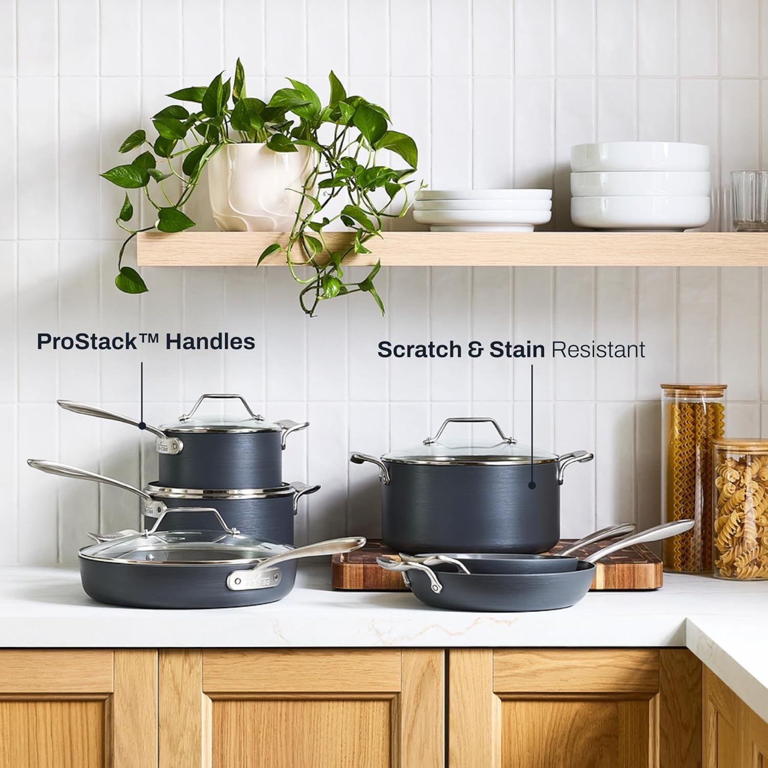 image:imageAllClad HA1 Ceramic Nonstick Frying Pan Set with Lid 12 inch Oven Safe up to 450 amp Compatible with All Stovetops Gas Electric amp Induction Light Grey10 pc Cookware Set