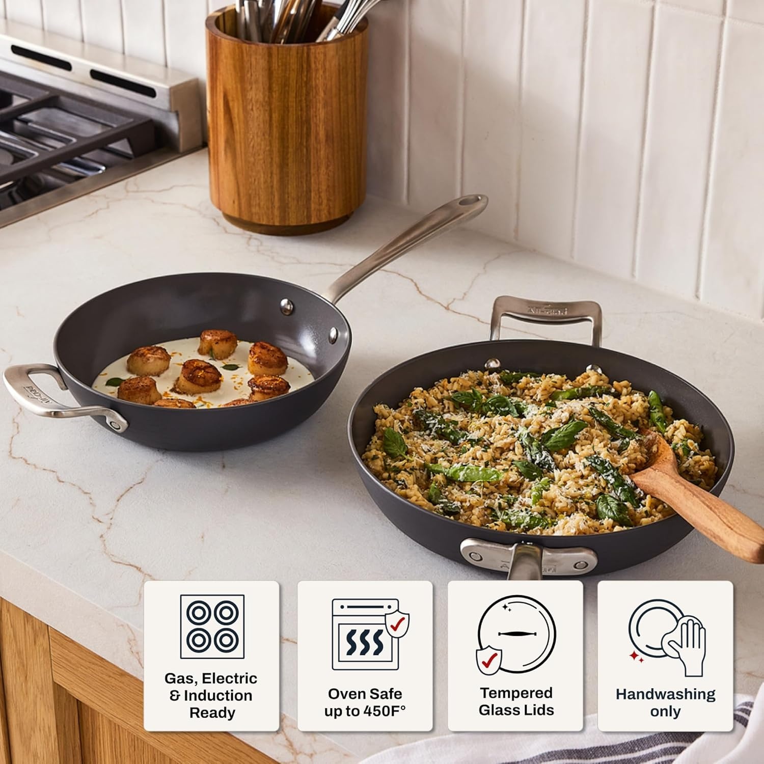 image:imageAllClad HA1 Ceramic Nonstick Frying Pan Set with Lid 12 inch Oven Safe up to 450 amp Compatible with All Stovetops Gas Electric amp Induction Light Grey2 pc set 85 105 Fry Pans