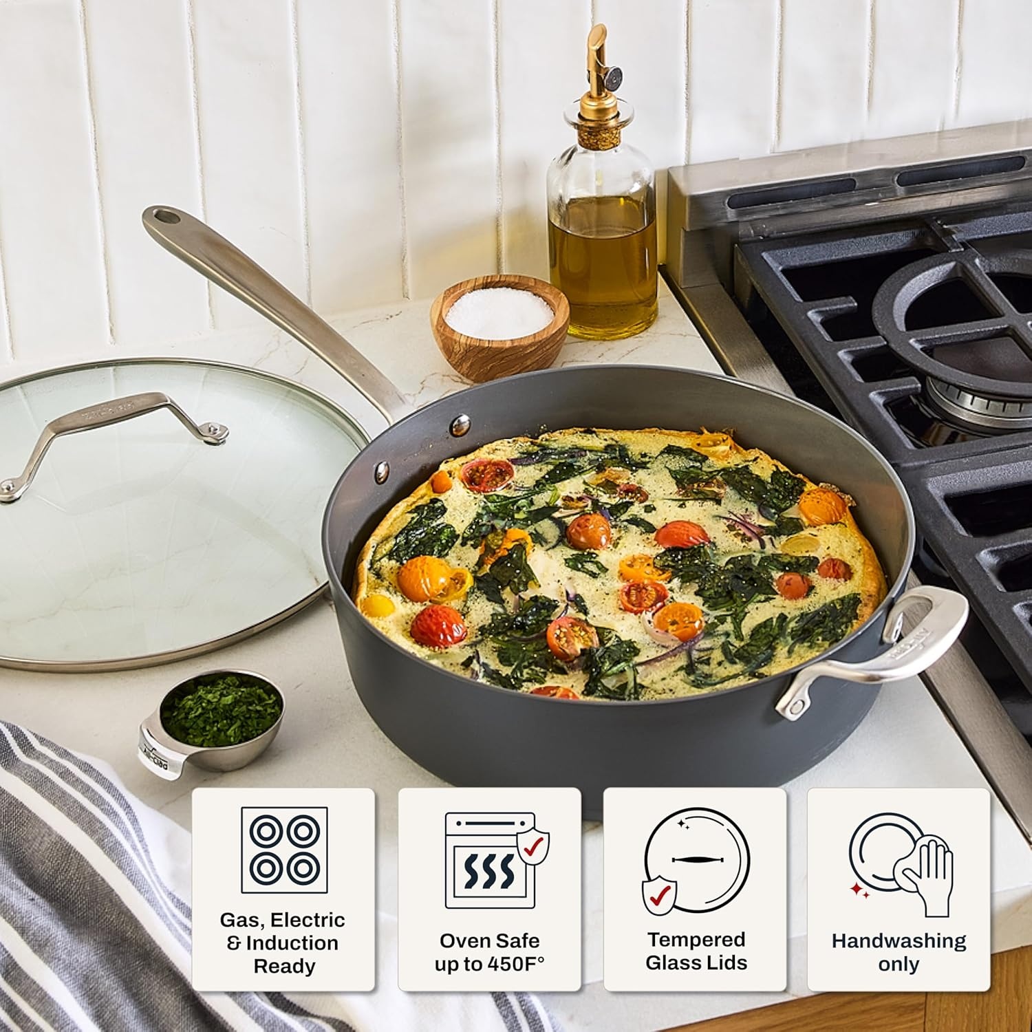 image:imageAllClad HA1 Ceramic Nonstick Frying Pan Set with Lid 12 inch Oven Safe up to 450 amp Compatible with All Stovetops Gas Electric amp Induction Light Grey6 qt Saute Pan with Lid