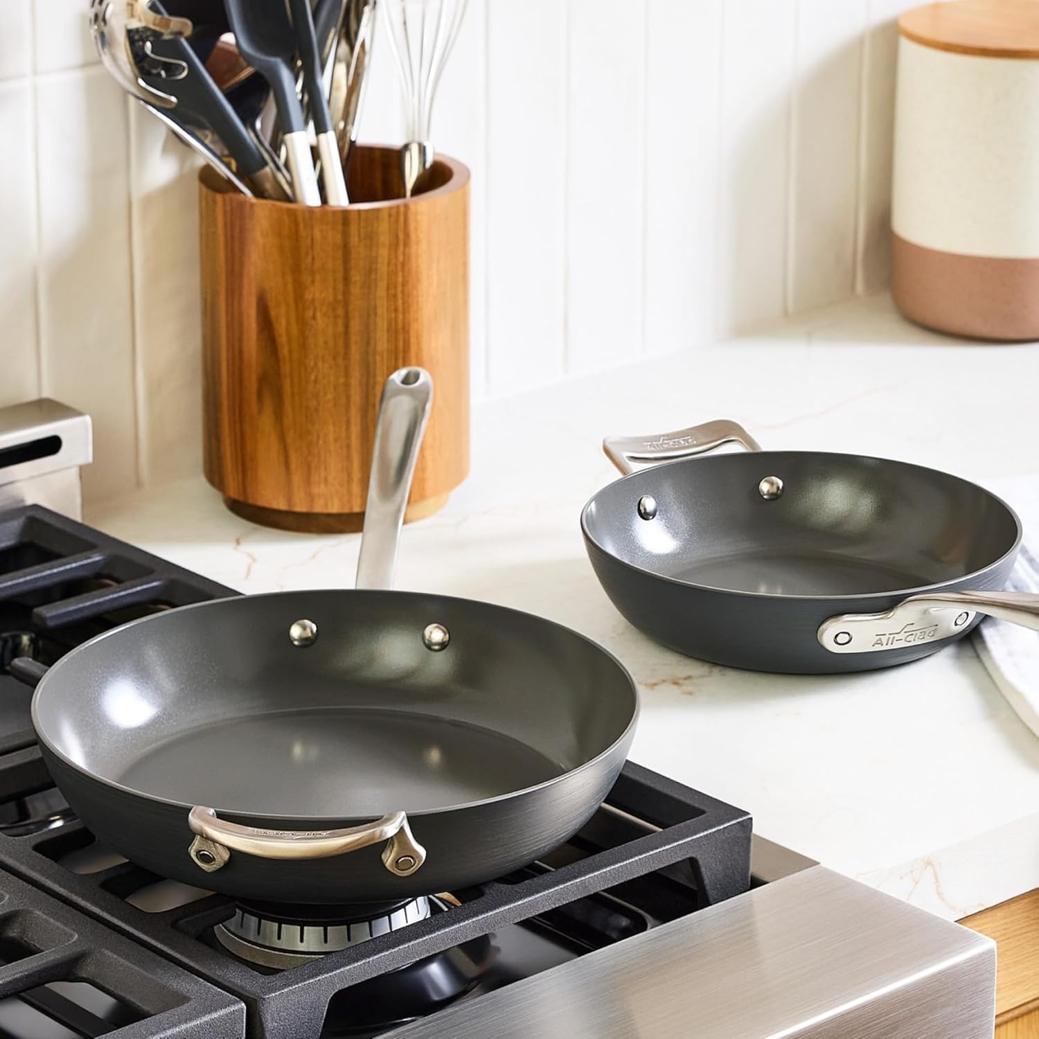 image:imageAllClad HA1 Ceramic Nonstick Frying Pan Set with Lid 12 inch Oven Safe up to 450 amp Compatible with All Stovetops Gas Electric amp Induction Light Grey2 pc set 85 105 Fry Pans