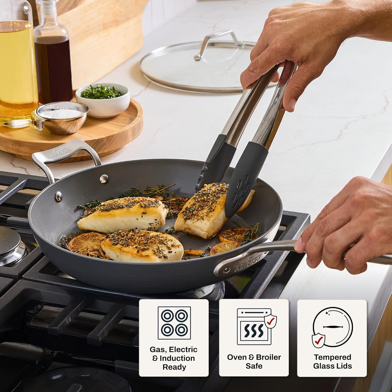 image:imageAllClad HA1 Ceramic Nonstick Frying Pan Set with Lid 12 inch Oven Safe up to 450 amp Compatible with All Stovetops Gas Electric amp Induction Light Grey12 Fry Pan with Lid