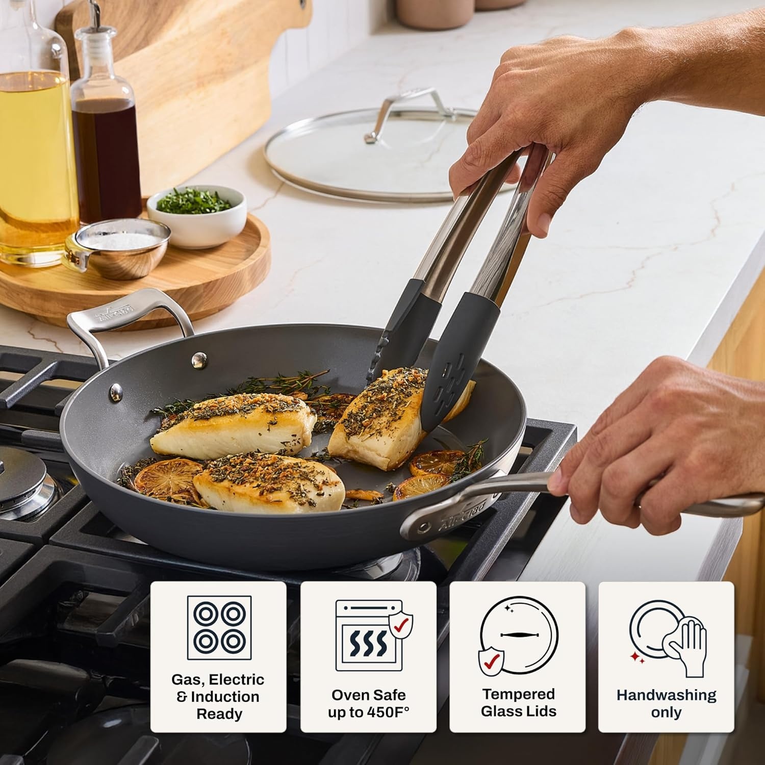 image:imageAllClad HA1 Ceramic Nonstick Frying Pan Set with Lid 12 inch Oven Safe up to 450 amp Compatible with All Stovetops Gas Electric amp Induction Light Grey2 pc set 105 12 Fry Pans